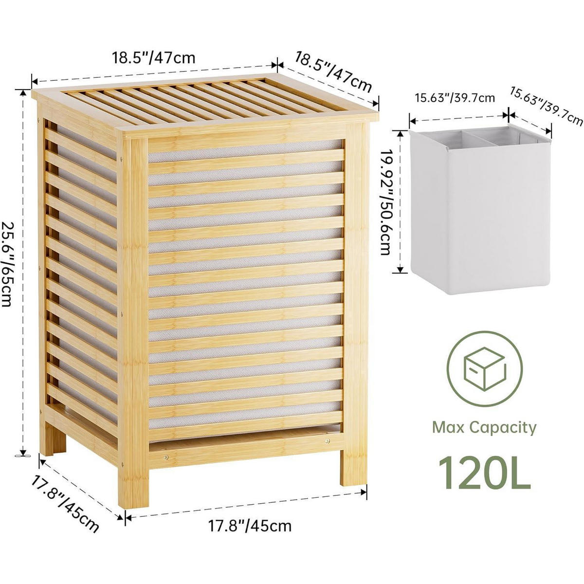 WÄSCHEKORB Bambus mit Deckel und 2 Fächern 47 x 47 x 65 cm - Braun, Naturmaterialien (65/65/47cm)