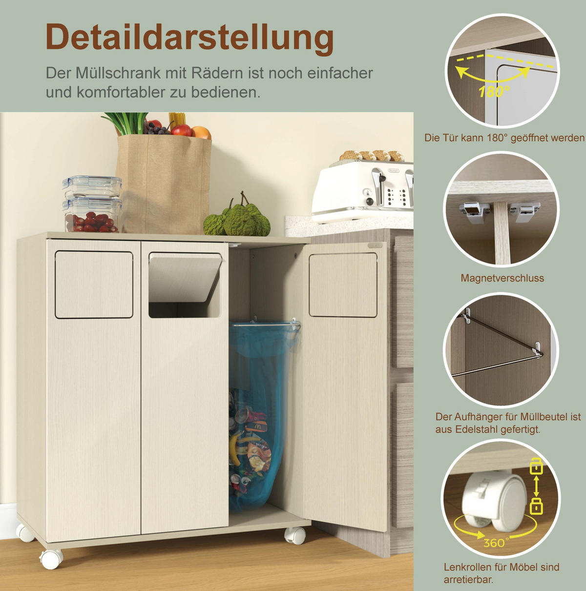 KOMMODE 69,3/35/80 cm aus MDF mit 3 Fächern und Rollen Weiß - Weiß, Holzwerkstoff (70/80/35cm) - Modenvie