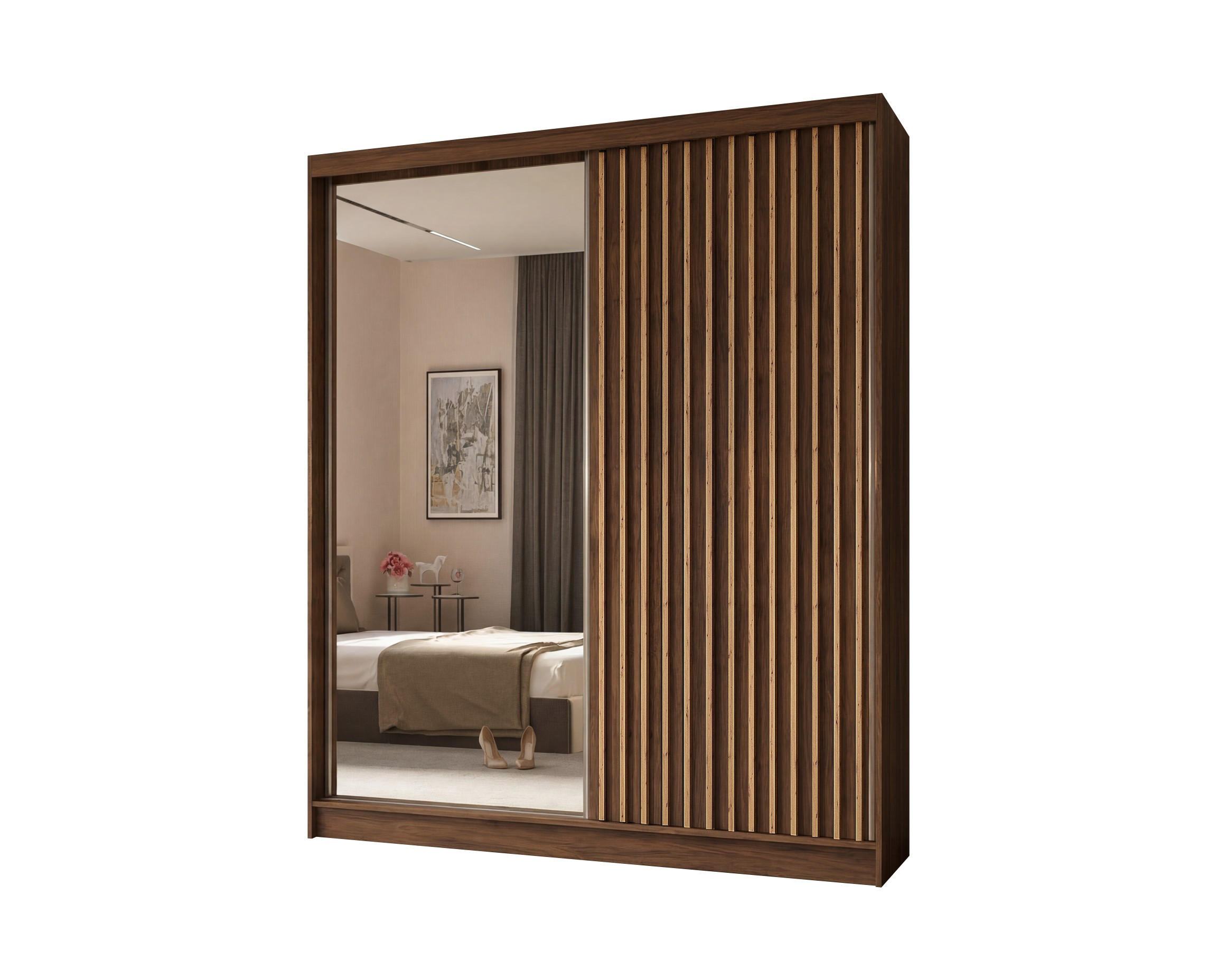 SCHWEBETÜRENSCHRANK Erika 200 cm mit Lamellen und Spiegel 2-türig, Nuss Warmia, artisan - Dunkelbraun/Braun, Kunststoff (200/216/51cm) - Margaret Hadas24