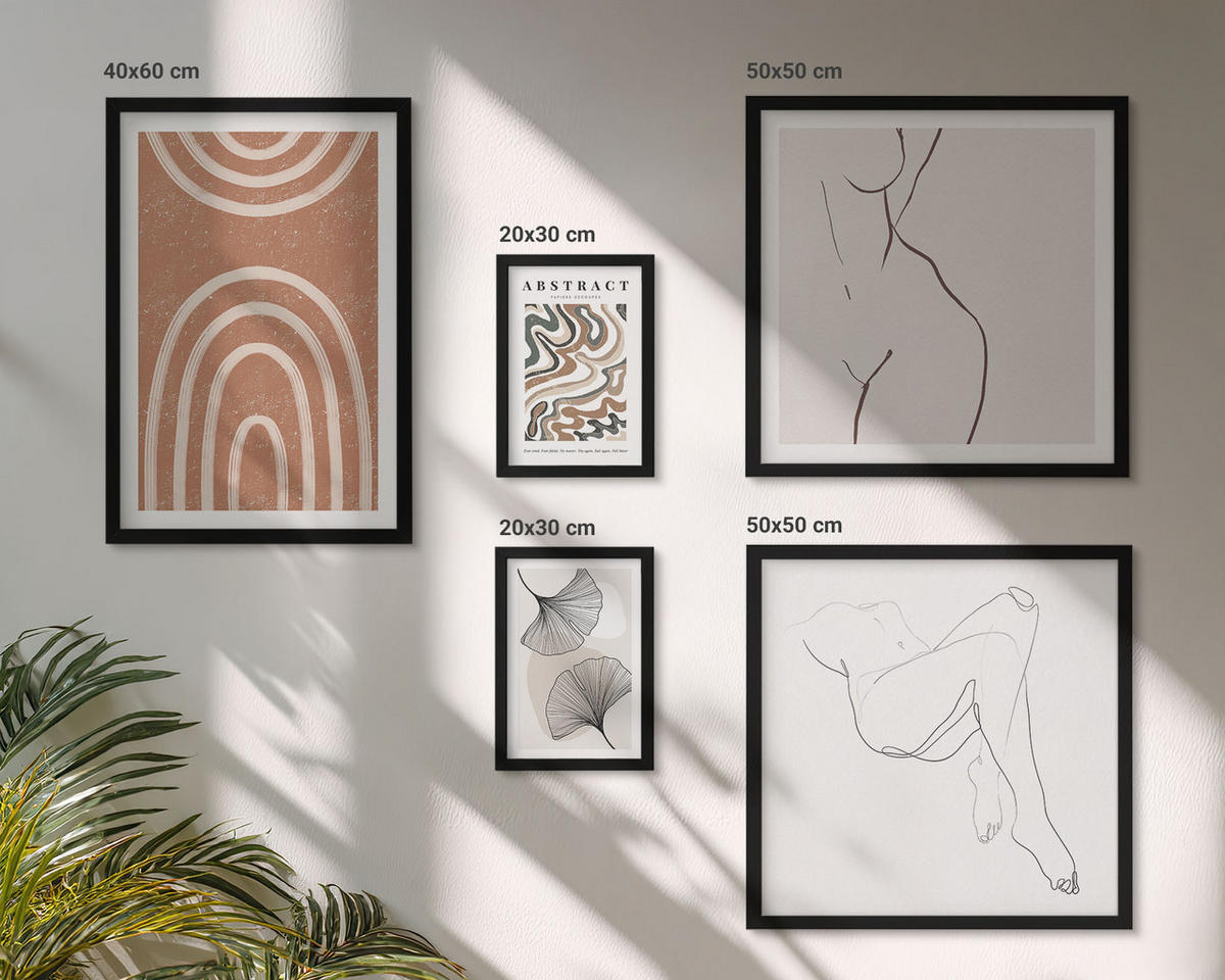 WANDBILDER 5er-Set - 50x50 cm & 20x30 cm & 40x60 cm Schwarzer Rahmen - Abstrakte Boho-Blattformen - Schwarz, Kunststoff (40/60cm) - ArtPrintCave
