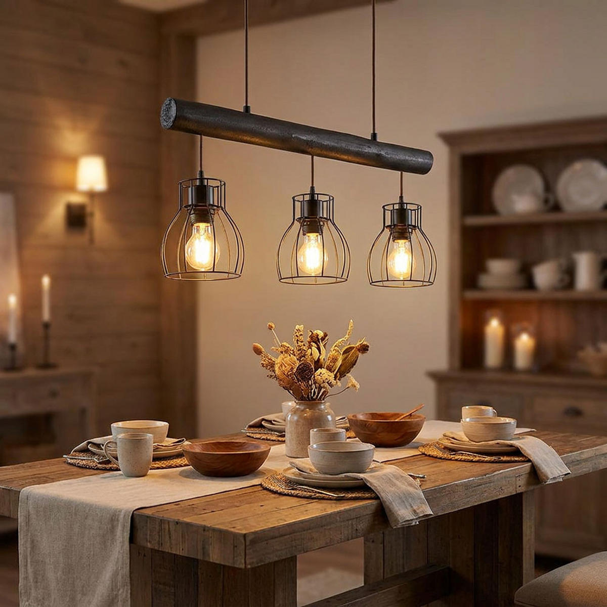 HÄNGELEUCHTE Metallgitter Schwarz Holz - Schwarz, Holz (60/13.6/140cm) - Globo Lighting