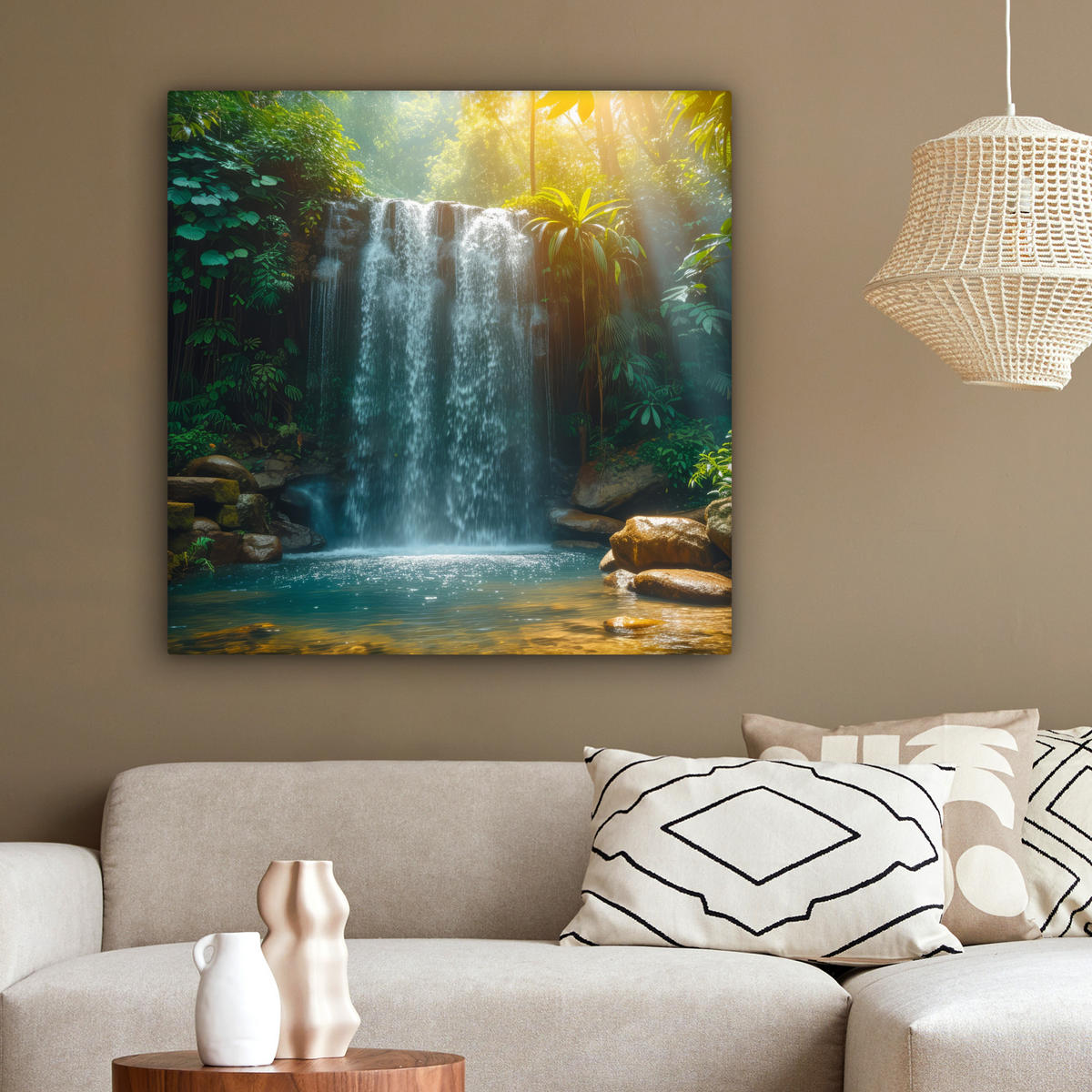 LEINWANDBILD Wasserfall - Dschungel - Sonne - Grün - Natur 90x90 cm - Grün, Textil (90/90cm) - MuchoWow