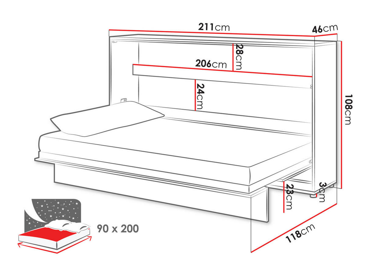 SCHRANKBETT Bed-Concept BC-06 90x200 mit LED-Lampe und LED Beleuchtung - Weiß Hochglanz/Grau, Holz/Holzwerkstoff (90/200cm) - MIRJAN24