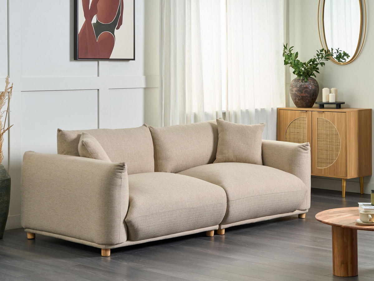 3-SITZER-SOFA hellbeige mit Kissen Luvos - Hellbraun/Beige, Textil (220/75/104cm) - Beliani