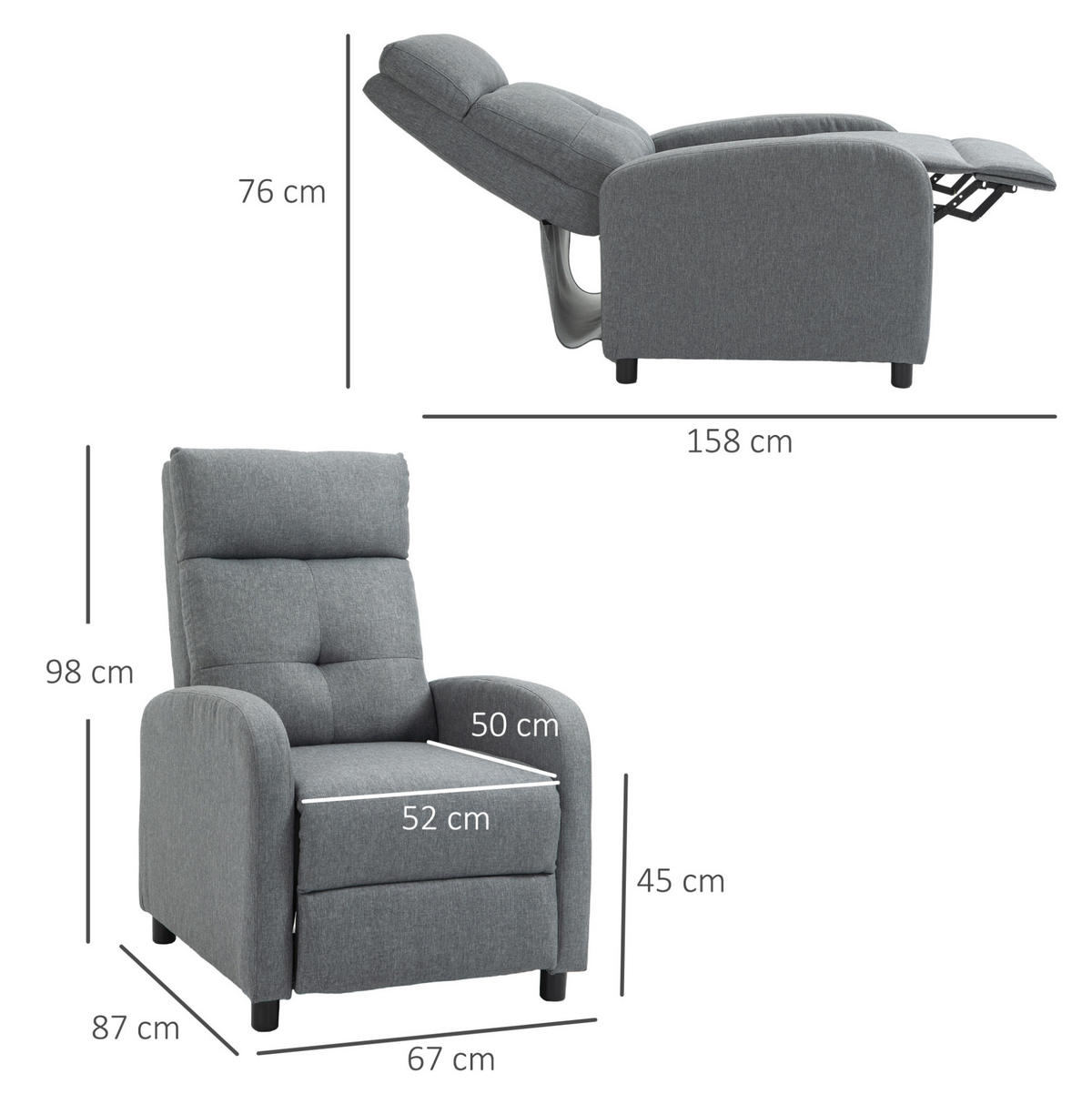 RELAXSESSEL Polyester mit Liegefunktion bis 155° 67/87/98 cm Grau - Grau, Textil (87/98/67cm) - Redom