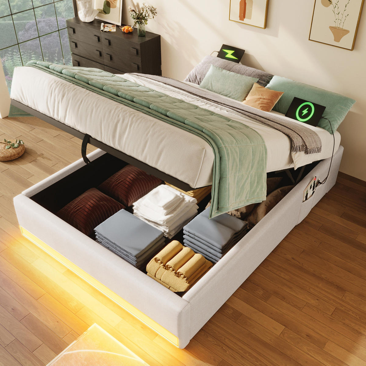 POLSTERBETT 90/200 cm beige aus Leinen mit LED-Leiste, USB und Typ-C - Beige, Textil (90/200cm) - OKMYHOME
