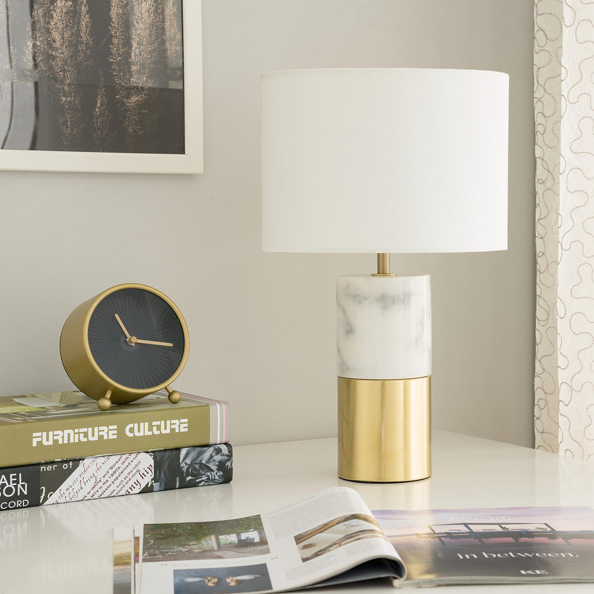 TISCHLEUCHTE - Leinen / Marmor, 1-flammig - Weiß, Stein (24/24/40cm) - home24