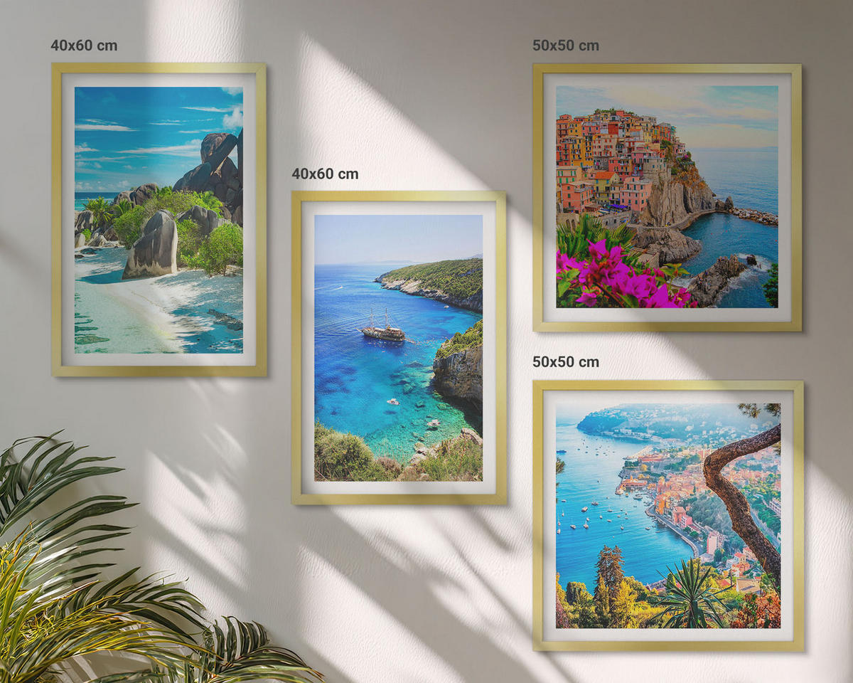 BILDER SET 4er Set - 50x50 cm & 40x60 cm Goldrahmen - Palmen am Meer, blaues Wasser - Goldfarben, Kunststoff (50/50cm) - TULUP