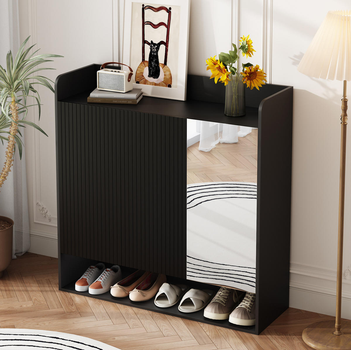 SCHUHSCHRANK aus MDF & Spanplatte 110x35,5x110cm in Schwarz mit Spiegel - Schwarz, Holzwerkstoff (110/110/35.5cm) - Modfu