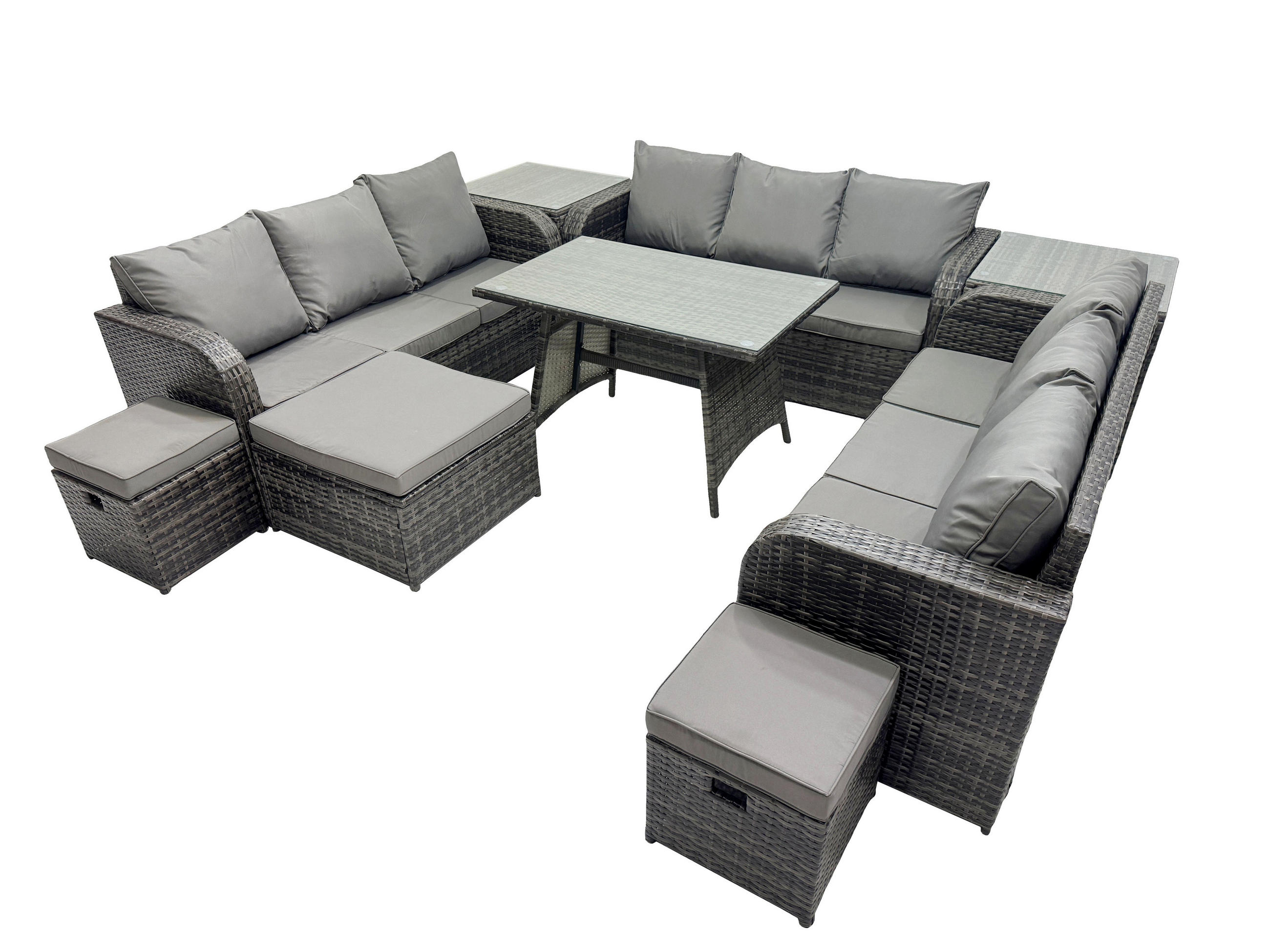 GARTENMÖBELSET mit ESSTISCH, 3-SITZER SOFA Polyrattan 12-Sitzer - Dunkelgrau/Grau, Glas/Kunststoff - Fimous