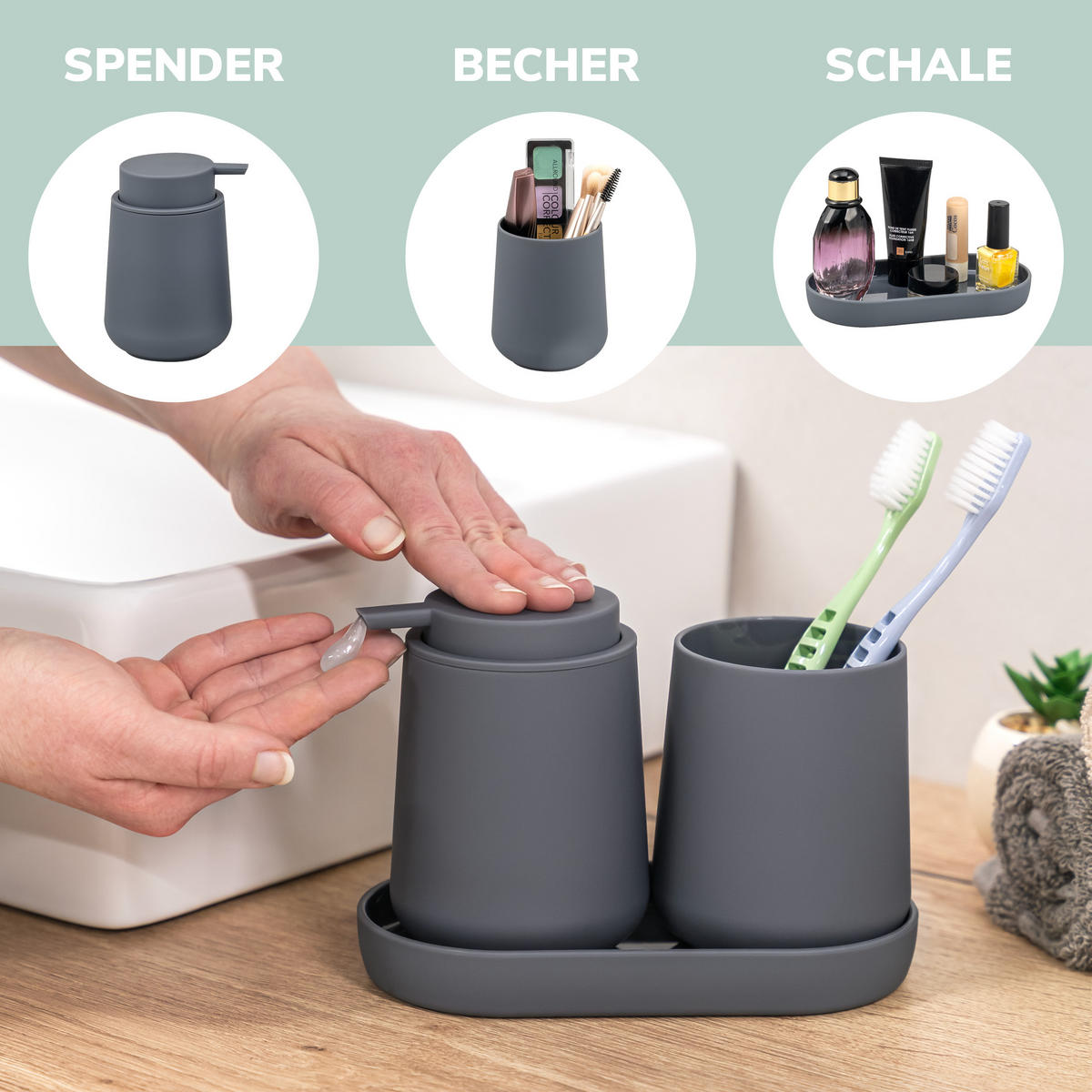 BAD-ACCESSOIRES-SET TESERO, Soft-Touch, grau - Grau, Kunststoff (22.5/25.5/25cm) - eluno