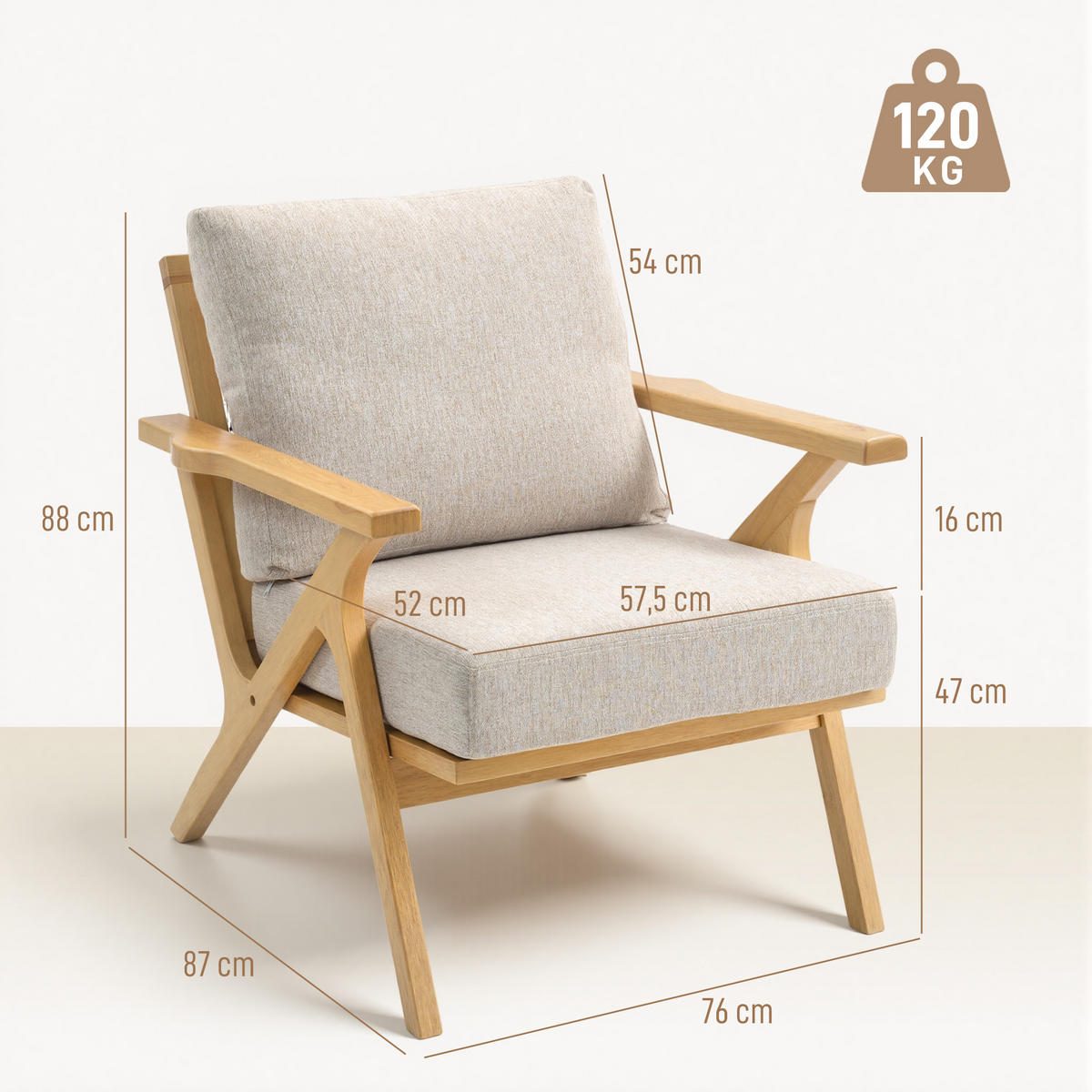 SESSEL DE-13306 skandinavisches Design, Leinenbezug Beige - Beige, Holz (76/88/87cm) - ComfortXL