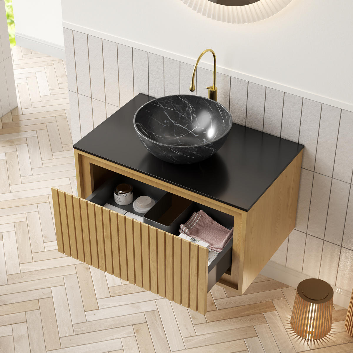 BADEZIMMERSCHRANK mit Waschtisch 61 cm Schwarz/Golden Oak - Schwarz, Holzwerkstoff (48/55.1/76cm) - Beauniv