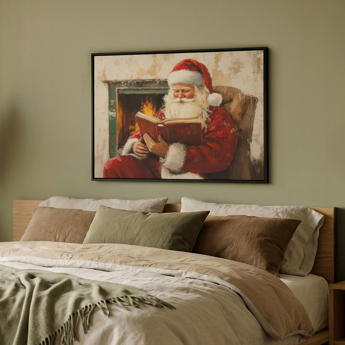 LEINWAND Bilder mit Rahmen - Weihnachten - Weihnachtsmann - Winter - Open Fireside - 80x60 - Dunkelrot, Textil (80/60cm) - MuchoWow