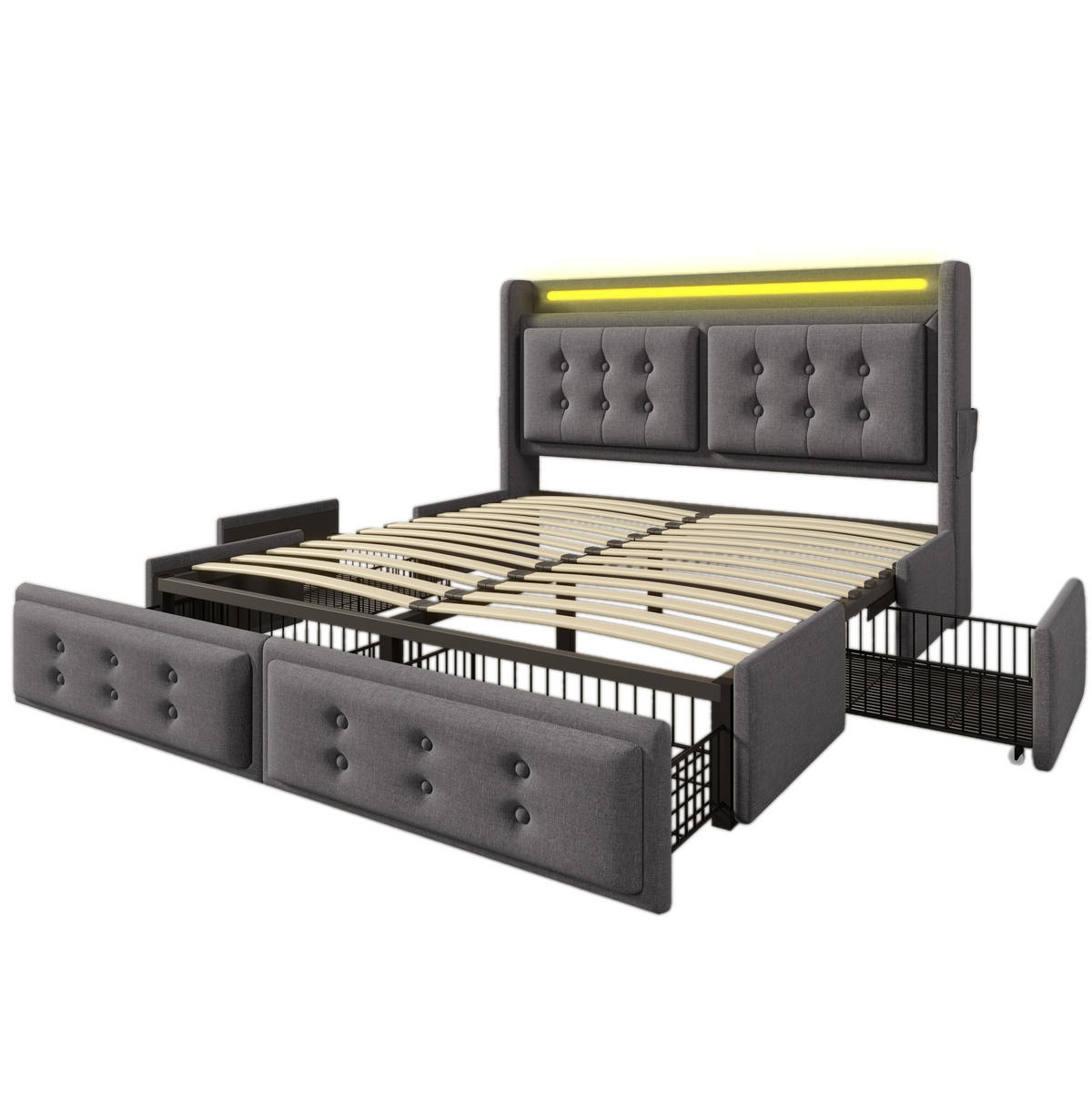 POLSTERBETT 140/200 cm mit LED-Beleuchtung und 4 Schubladen in Grau - Grau, Textil (140/200cm) - BEAOK