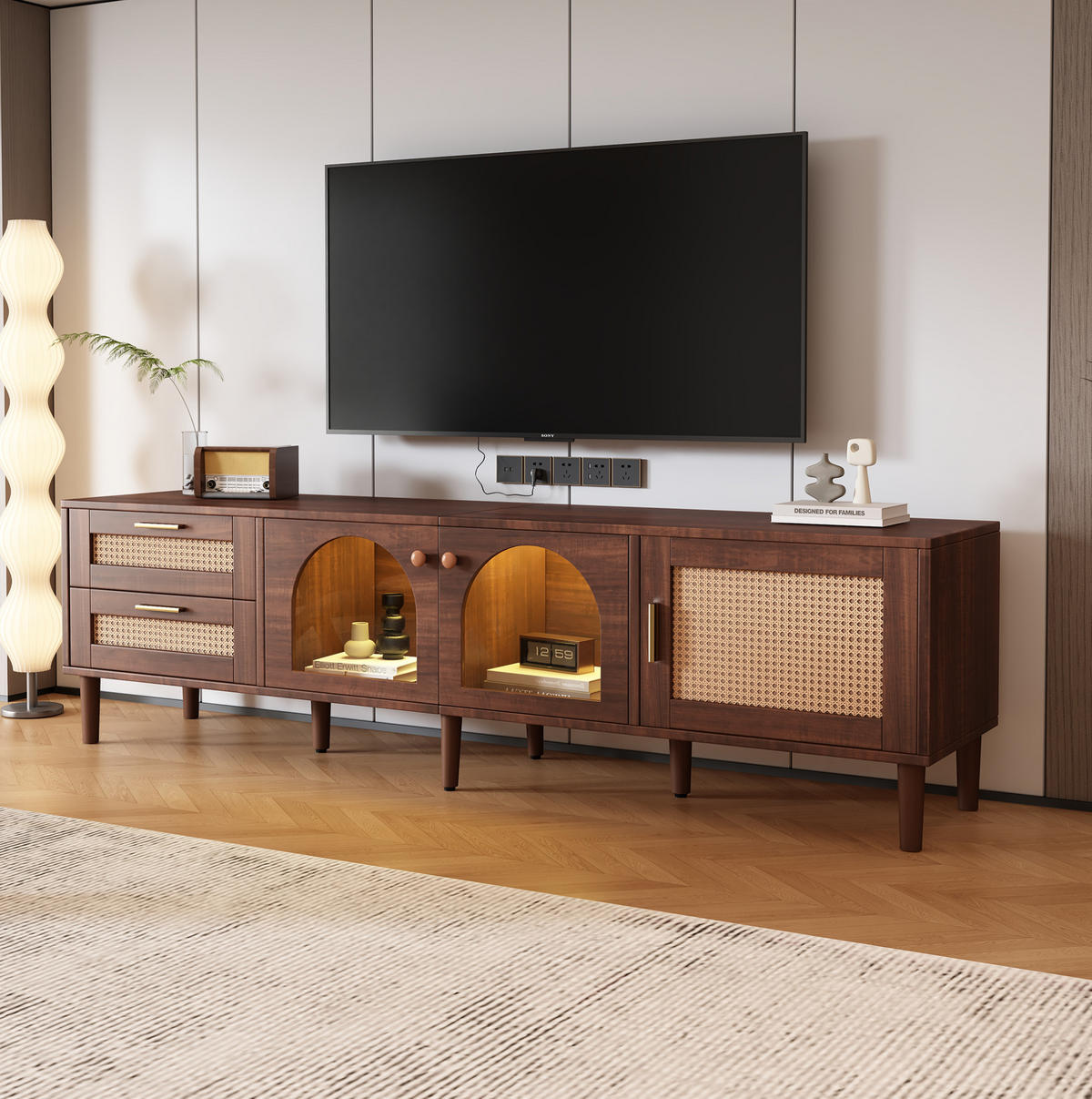 TV omarica 180/40/50 cm z LED osvetlitvijo, 2 predaloma iz ratana in 3 vrati, Rjava - zlate barve/rjava, leseni material (180/50/40cm) - Redom