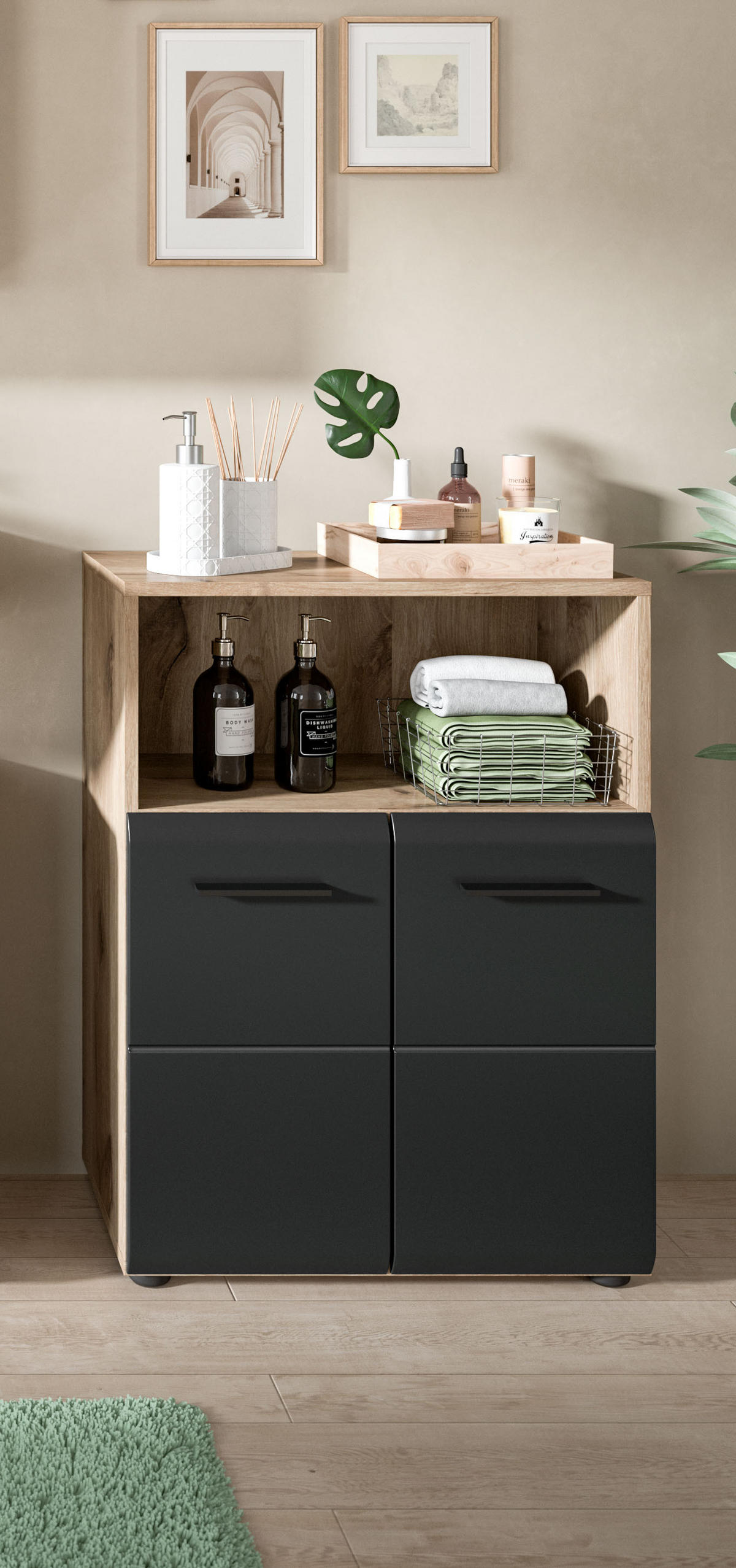 STANDSCHRANK breit ICE (B/H/T: ca. 60/80/30 cm) in Nox Oak Nachbildung/schwarz matt - Eichefarben, Holz (60/80/30cm)