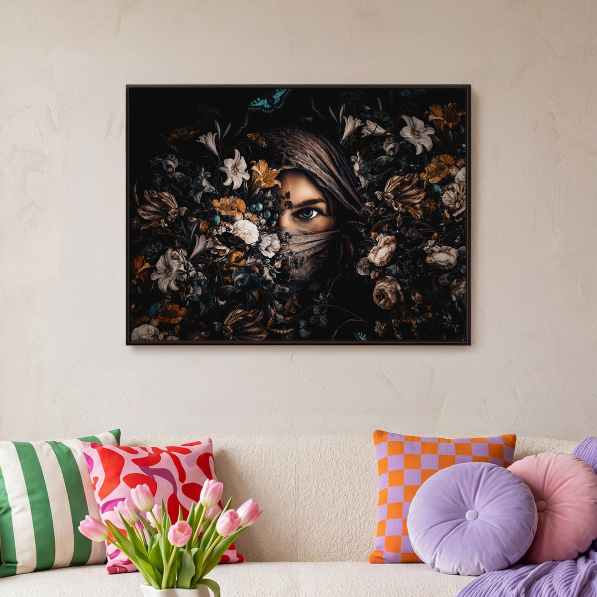 LEINWAND Bilder mit Rahmen - Frau - Luxus - Blumen - Schmetterling - Porträt - 70x50 - Schwarz, Textil (70/50cm) - MuchoWow