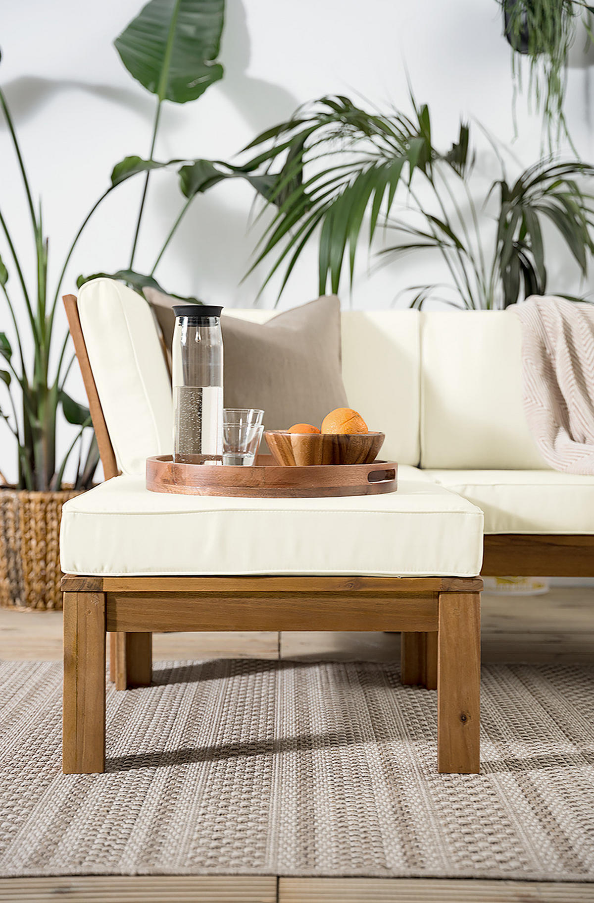 LOUNGEHOCKER - Webstoff / Akazie massiv - Weiß, Holz/Textil (60/38/60cm) - home24
