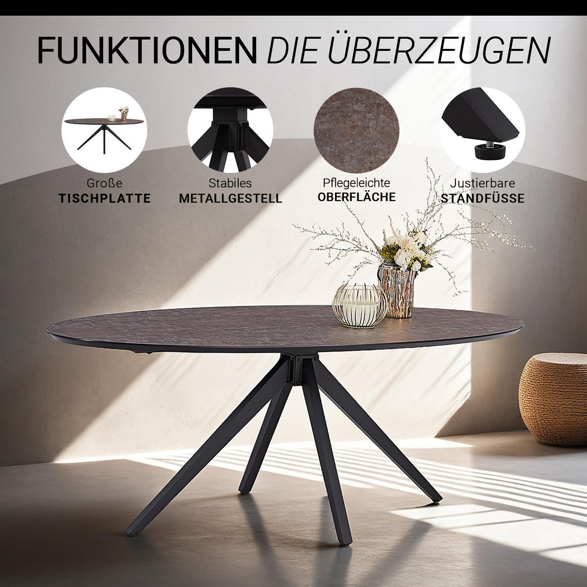 TISCHGRUPPE oval schwarz mit 4 Stühle Braun - Braun, Metall (95/90/200cm) - Homestyle4u