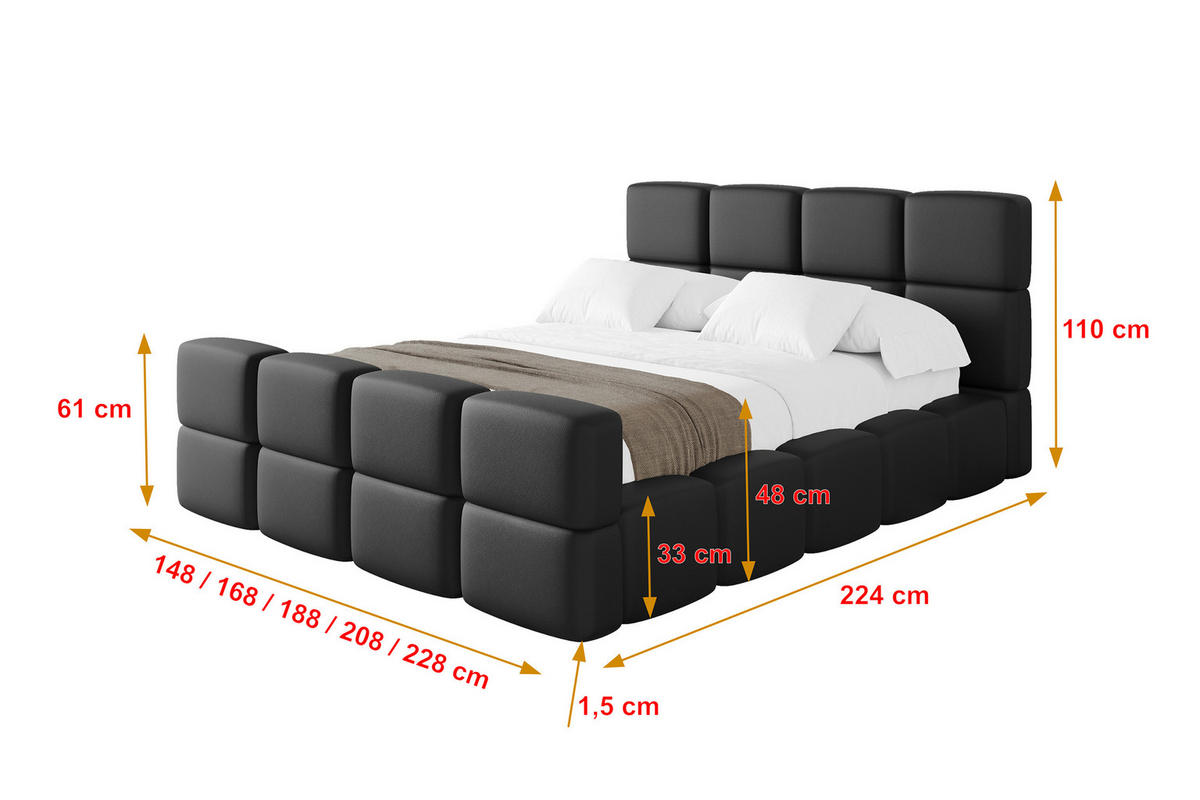 POLSTERBETT mit Bettkasten und Lattenrost, Bett mit Kopfteil, Boxbett ohne Matratze, Doppelbett mit Stauraum - NATA-Z 120x200 Schwarz - Schwarz, Holzwerkstoff/Textil (120/200cm) - ALTDECOR