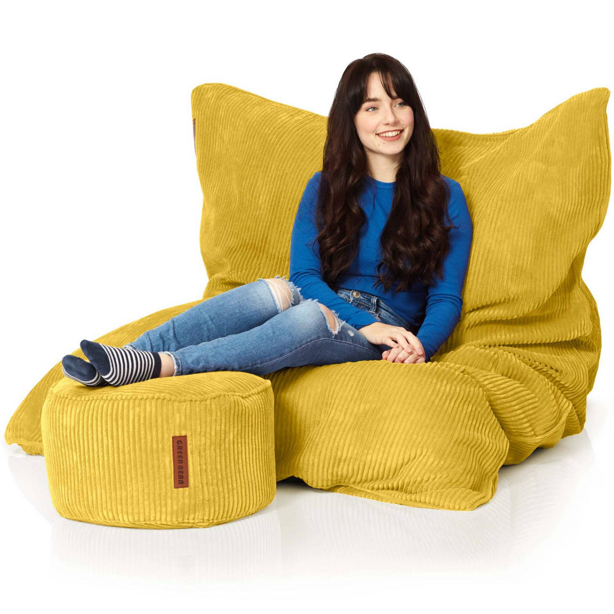 SITZSACK XXL "Square" + Pouf aus Cord - Gelb, Textil (140/25/180cm) - Green Bean