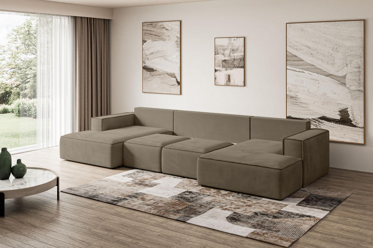 WOHNLANDSCHAFT mit Schlaffunktion und Bettkasten SIERRA-U-S - 349x161x87 cm Braun Velours - Schwarz/Braun, Holzwerkstoff/Kunststoff (349/87/161cm) - ALTDECOR