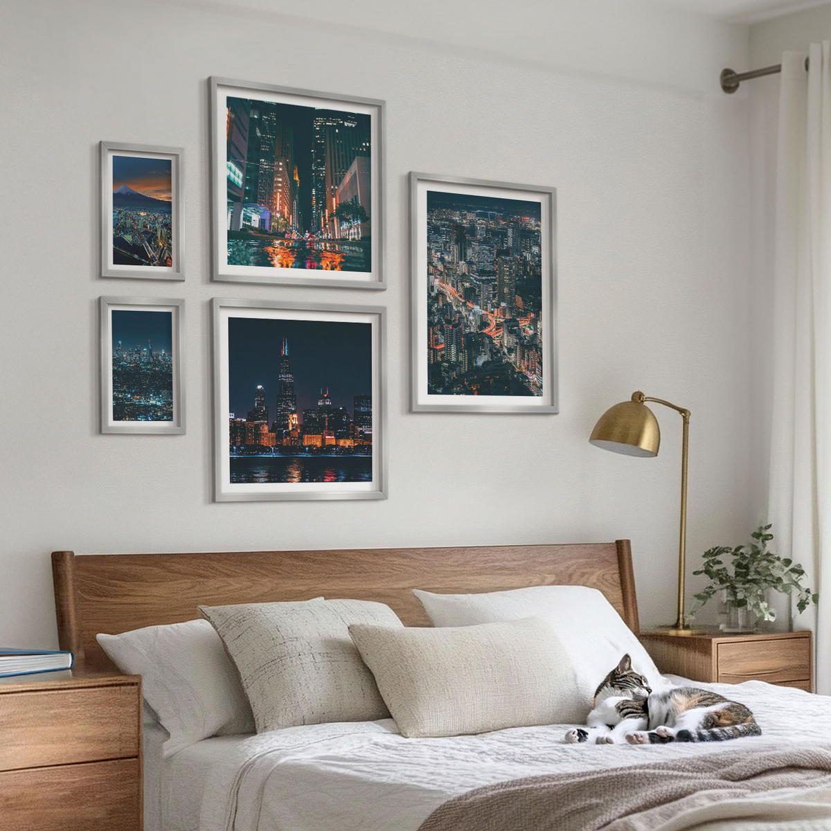 BILDER SET 5er Set - 50x50 cm & 20x30 cm & 40x60 cm Silberner Rahmen - Bergpanorama der Stadt bei Nacht - Silberfarben, Kunststoff (40/60cm) - TULUP