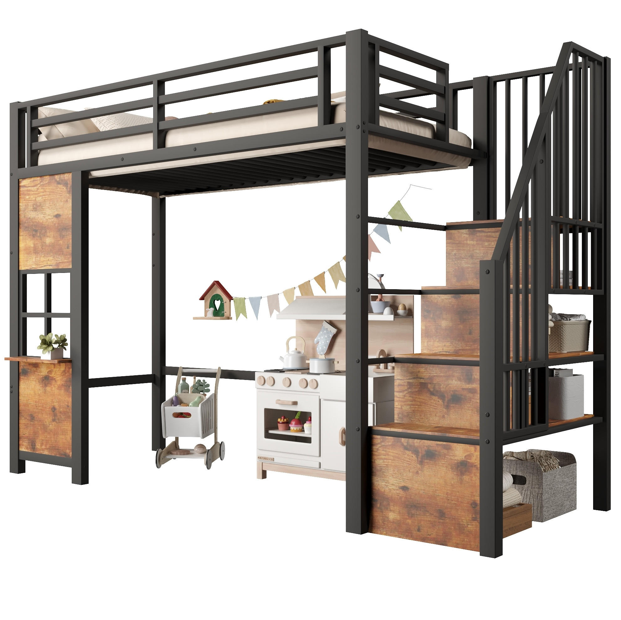 Okmyhome Hochbett Schwarz 90x200 cm