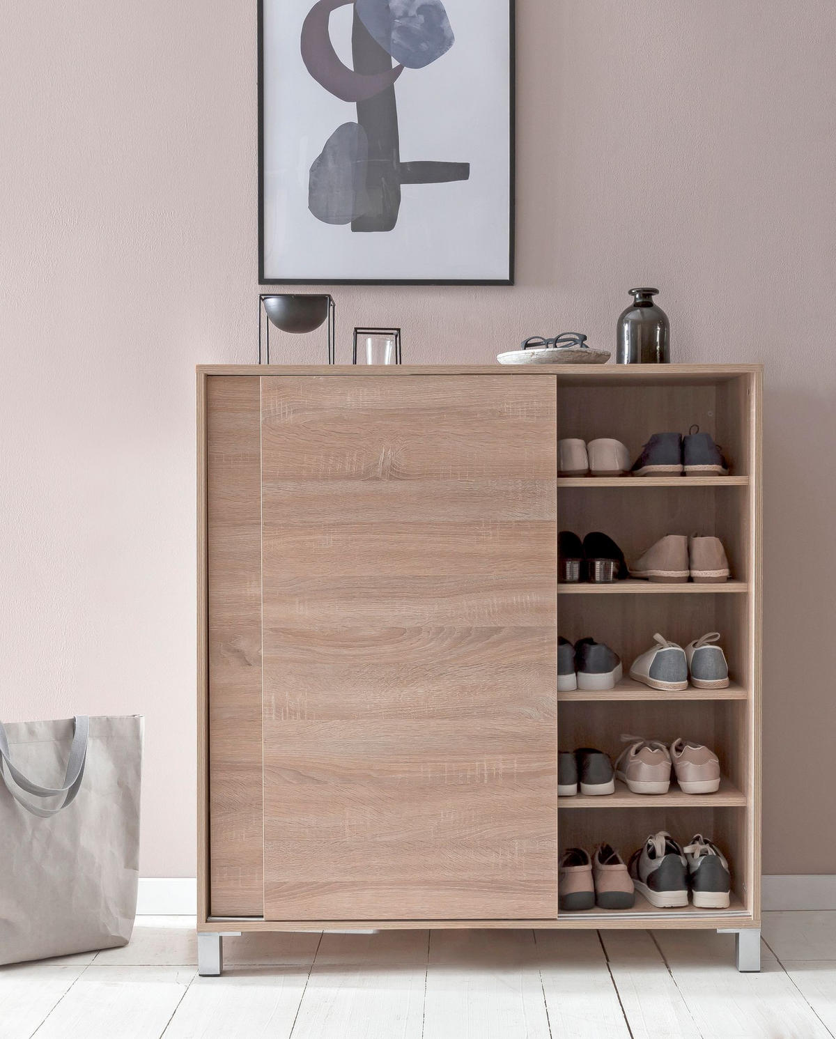 SCHUHSCHRANK Holz für 20 Paar Schuhe mit Schiebetüren, Beige 100x38x108 cm - Beige/Silberfarben, Holz/Kunststoff (100/108/38cm) - KADIMA DESIGN