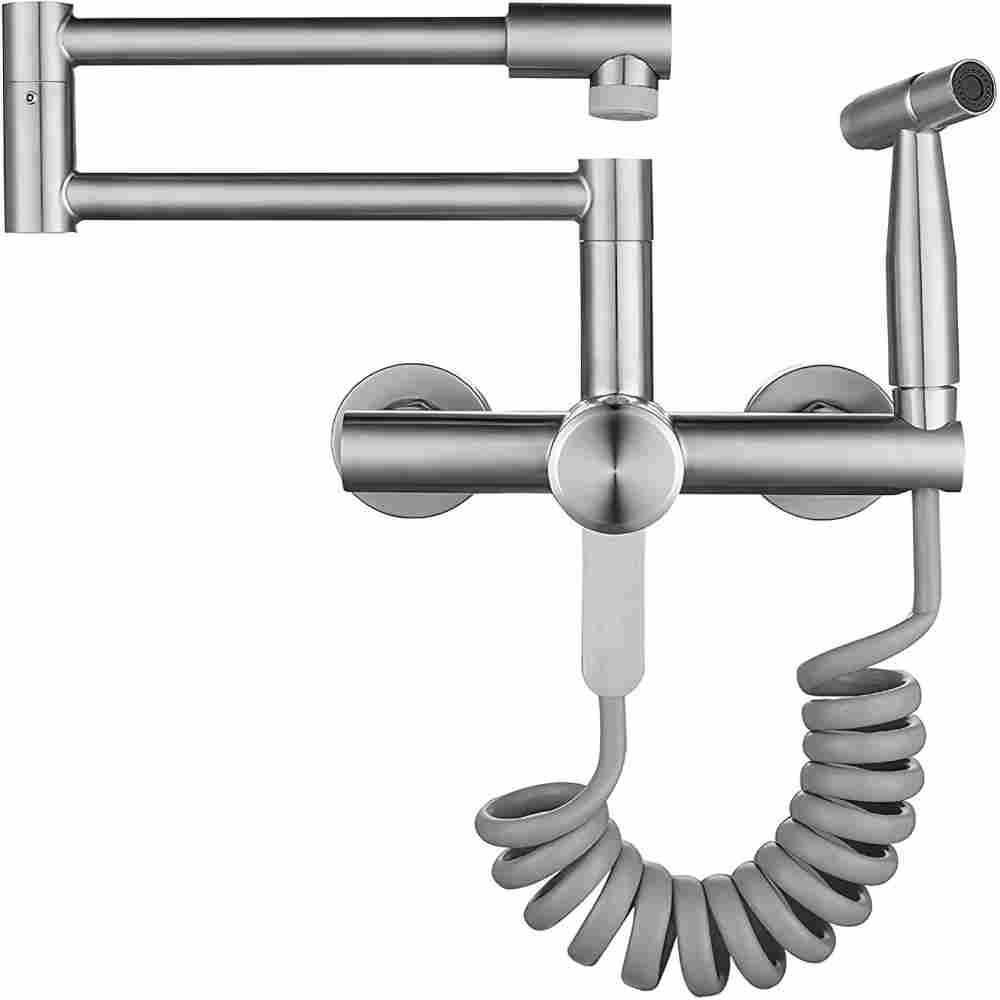 KÜCHENARMATUR wandmontiert mit Handbrause, 2 Auslaufmodi, 304 Edelstahl, gebürstetes Nickel - Silberfarben, Metall (22/11/31cm) - TVTIUO