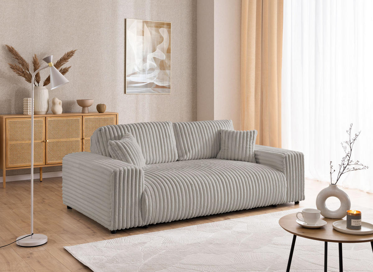 3-SITZER-SOFA Mollis Hellgrau Plüschcord - Hellgrau/Schwarz, Holz/Kunststoff (213/79/108cm) - S-Style Möbel