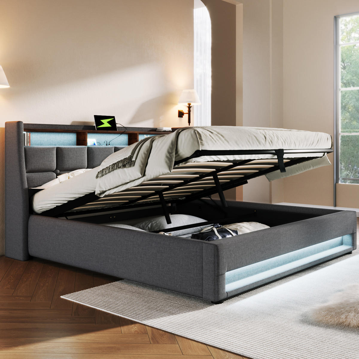 POLSTERBETT 180/200 cm mit LED-Beleuchtung, USB-Anschluss & hydraulischem Bettkasten, Grau - Grau, Textil (180/200cm) - Redom