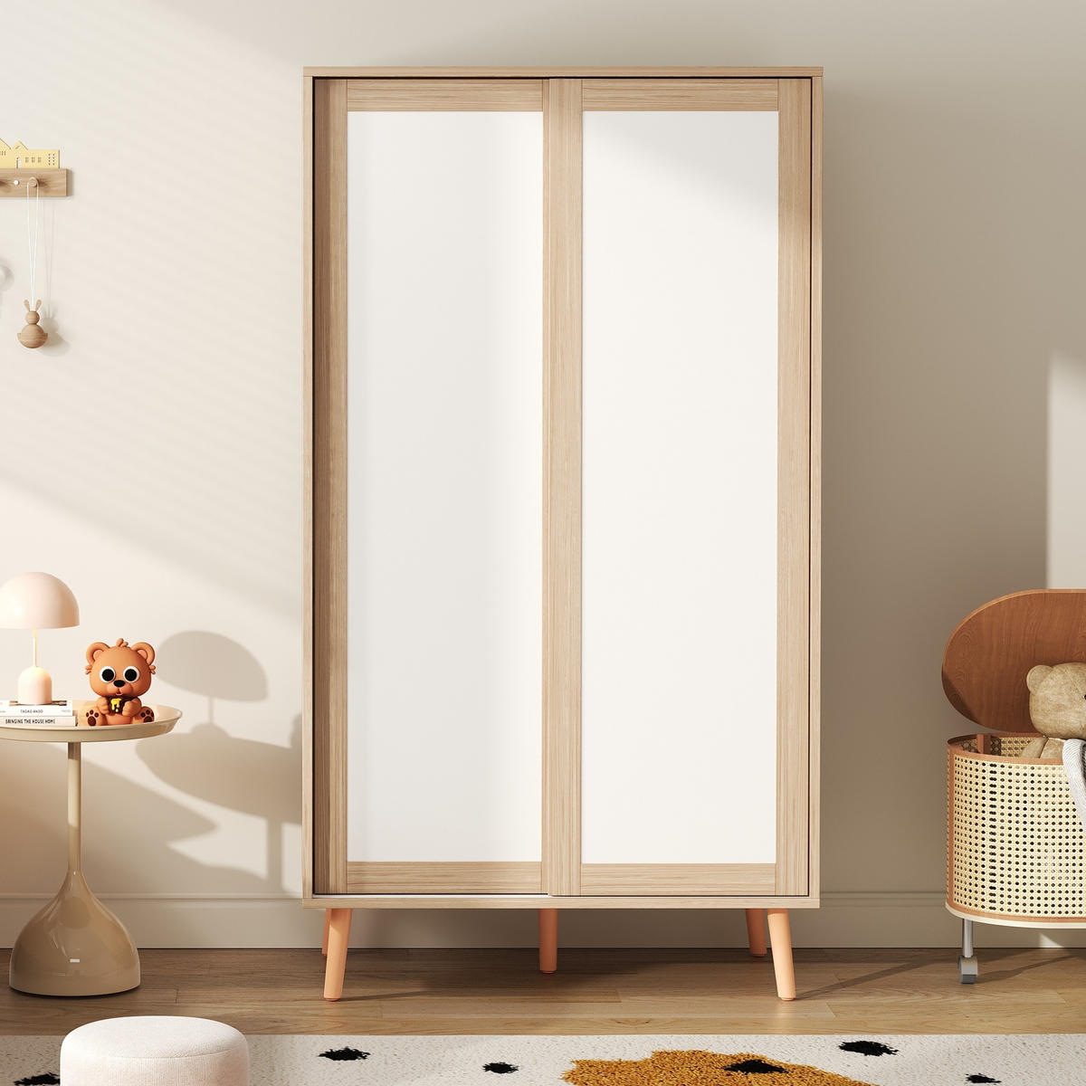 KINDER-KLEIDERSCHRANK 80x46x141.5cm Weiß + Natur Schiebetüren Massivholzfüße - Multicolor, Holz (46/141.5/80cm) - FLIEKS