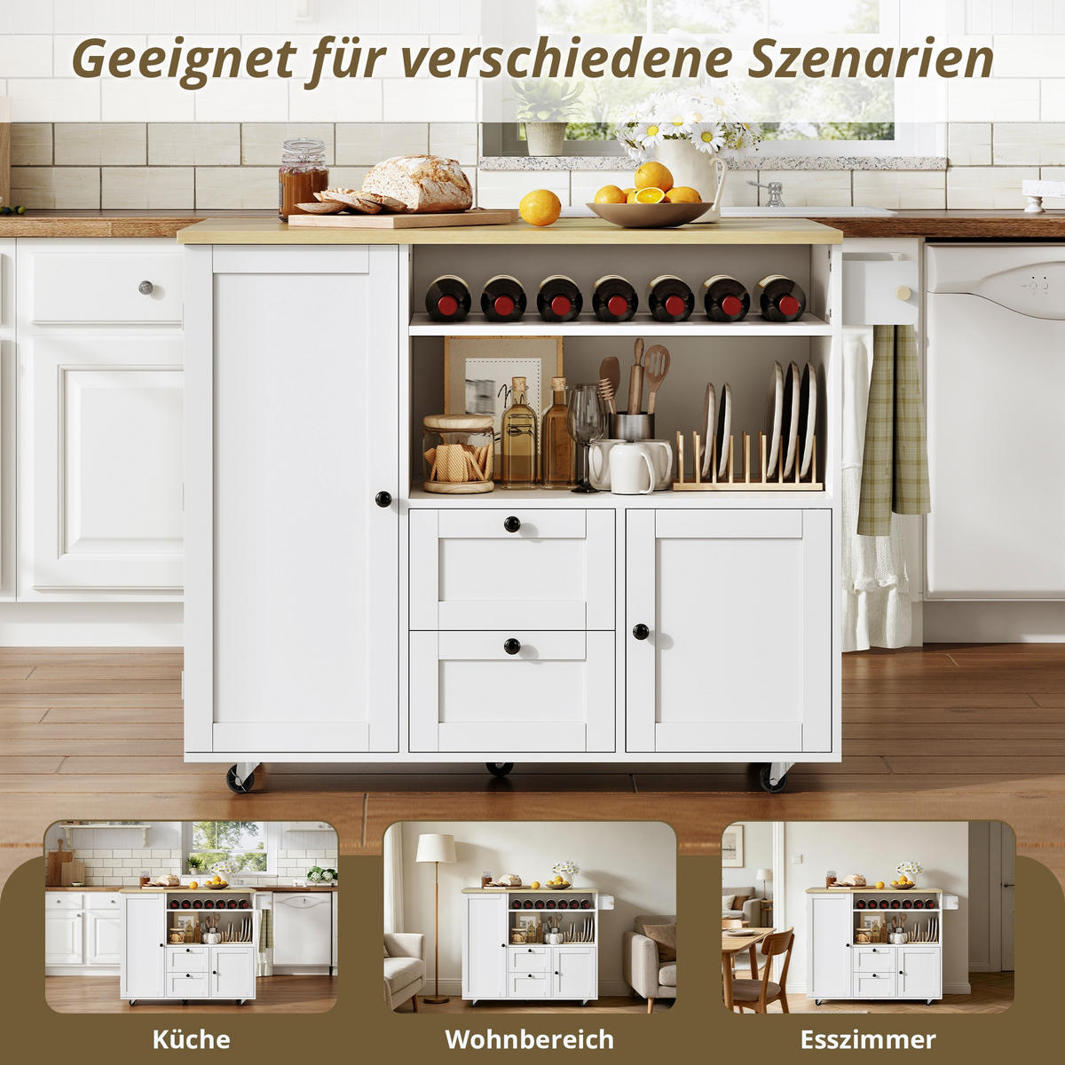 KÜCHENINSEL 104/45/89 cm Natur + Weiß mit klappbarer Arbeitsplatte, 2 Schubladen und integriertem Weinregal - Weiß, Holz/Holzwerkstoff (69/89/104cm) - Oxeza