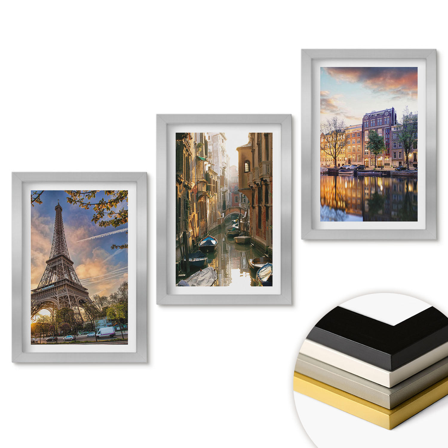 WANDBILDER 3er Set - 20x30 cm Silberner Rahmen - Eiffelturm Venedig Amsterdamer Kanäle - Silberfarben, Kunststoff (20/30cm) - ArtPrintCave