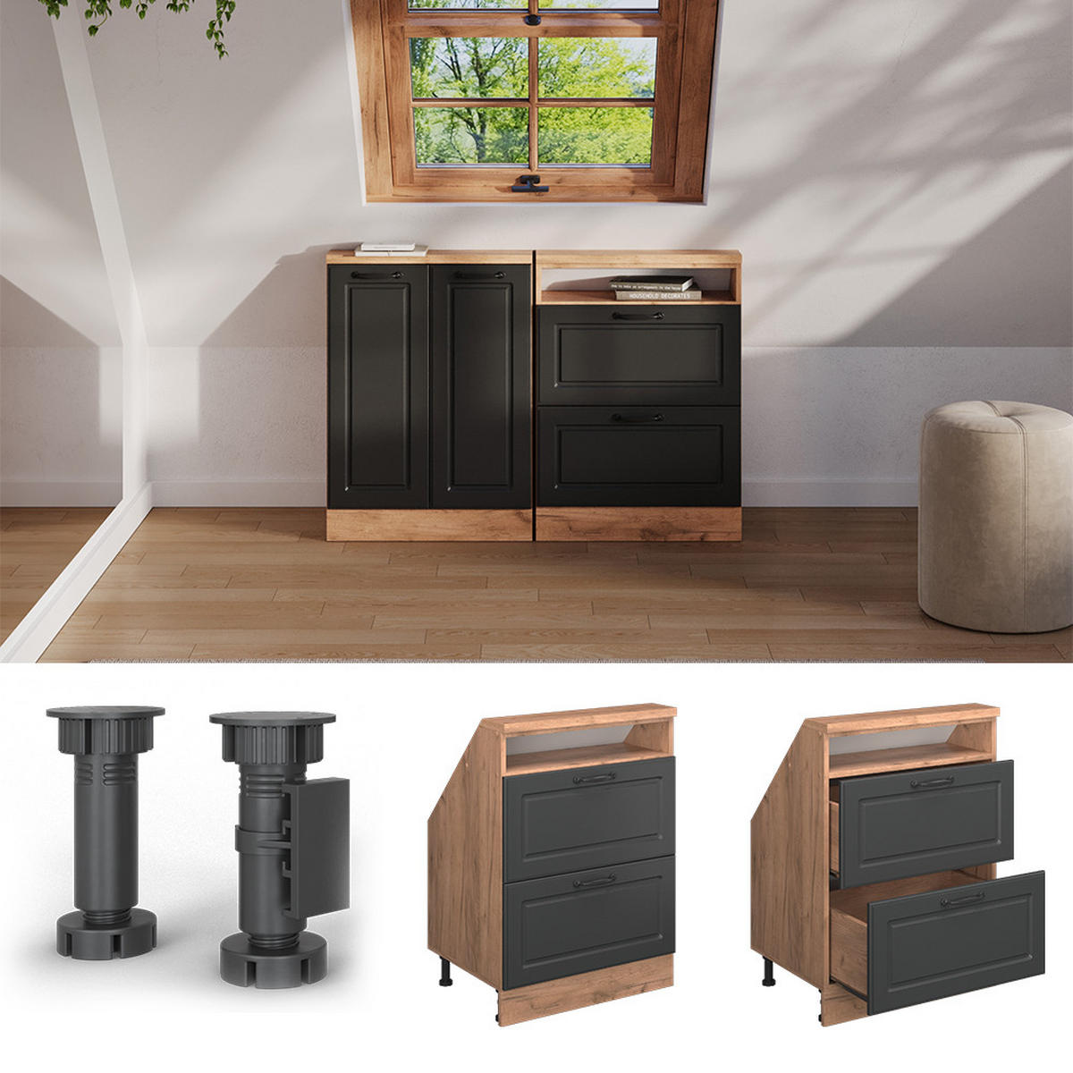 DACHSCHRÄGENSCHRANK Rion Anthrazit Landhaus/Goldkraft Eiche mit 2 Schubladen - Honigeiche/Anthrazit, Holzwerkstoff (60/81.6/46cm) - Vicco