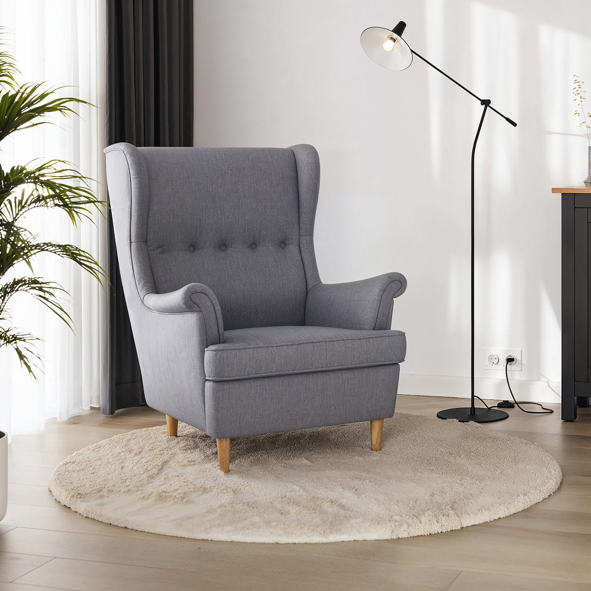 OHRENSESSEL Luno Grau Stoff ES-7 - Naturfarben/Grau, Holz/Textil (90/101/80cm) - Jana