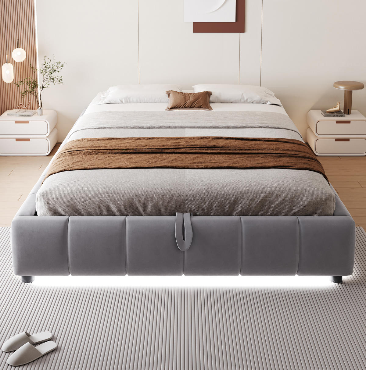 POLSTERBETT 140/200 cm Grau ohne Kopfteil mit Stauraum und LED-Beleuchtung - Grau, Textil (140/200cm) - Flora Grace