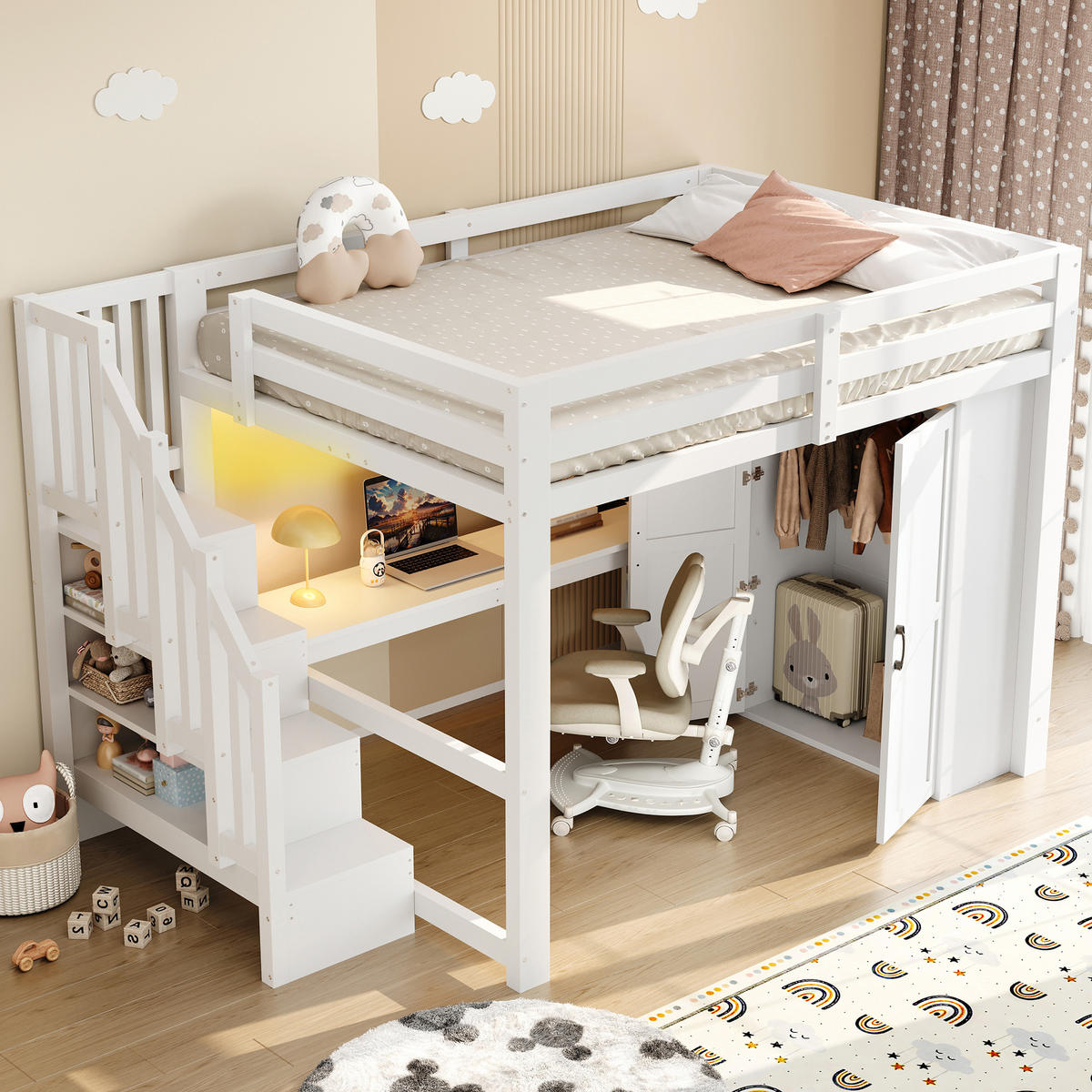 HOCHBETT 140/200 cm in Weiß mit Schreibtisch, Regal, Kleiderschrank, Stauraumtreppe, LED und USB - Weiß, Holzwerkstoff (140/200cm) - STILVORA