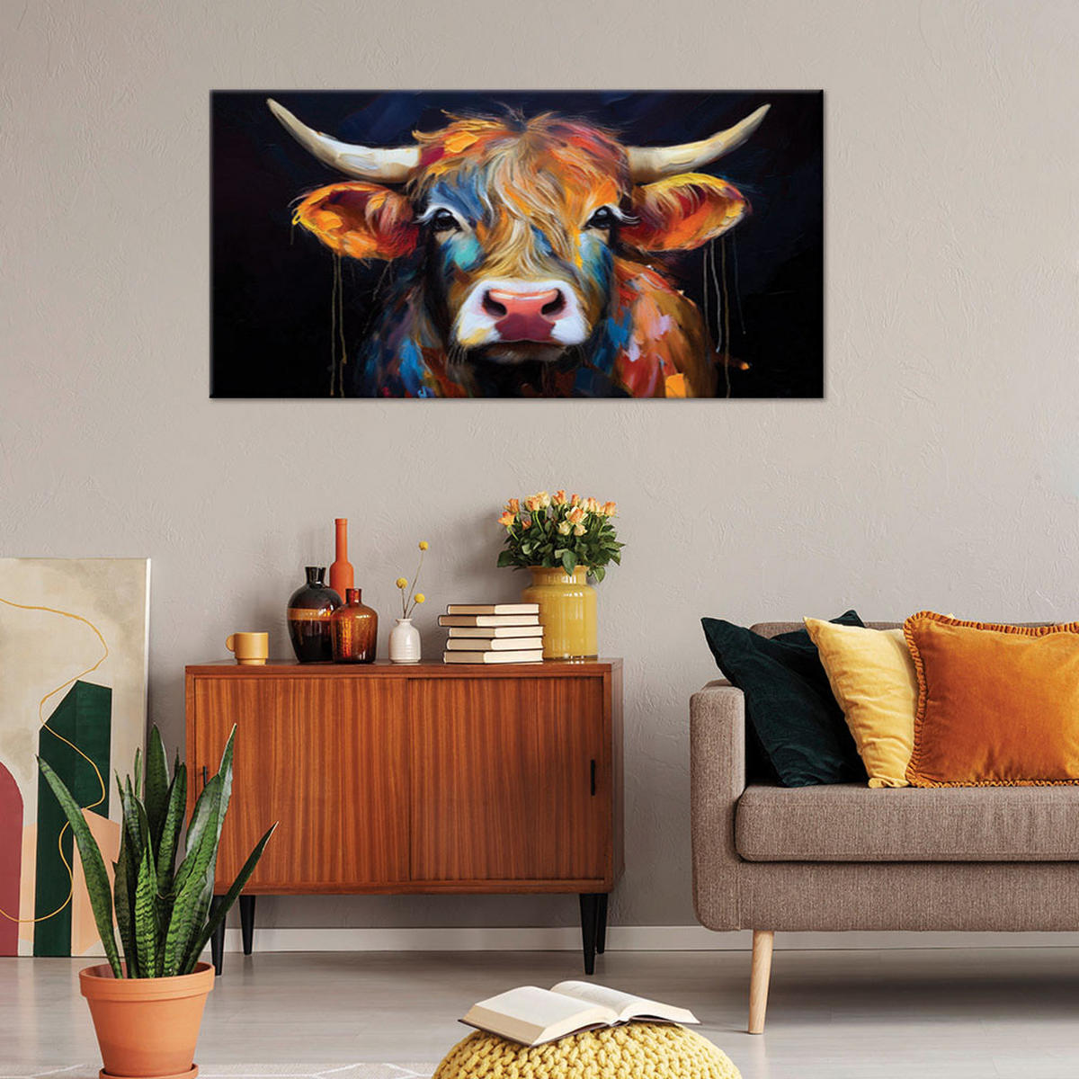 LEINWANDBILD Bunte schottische Kuh 80x40cm - Multicolor, Textil (80/40cm) - Feeby