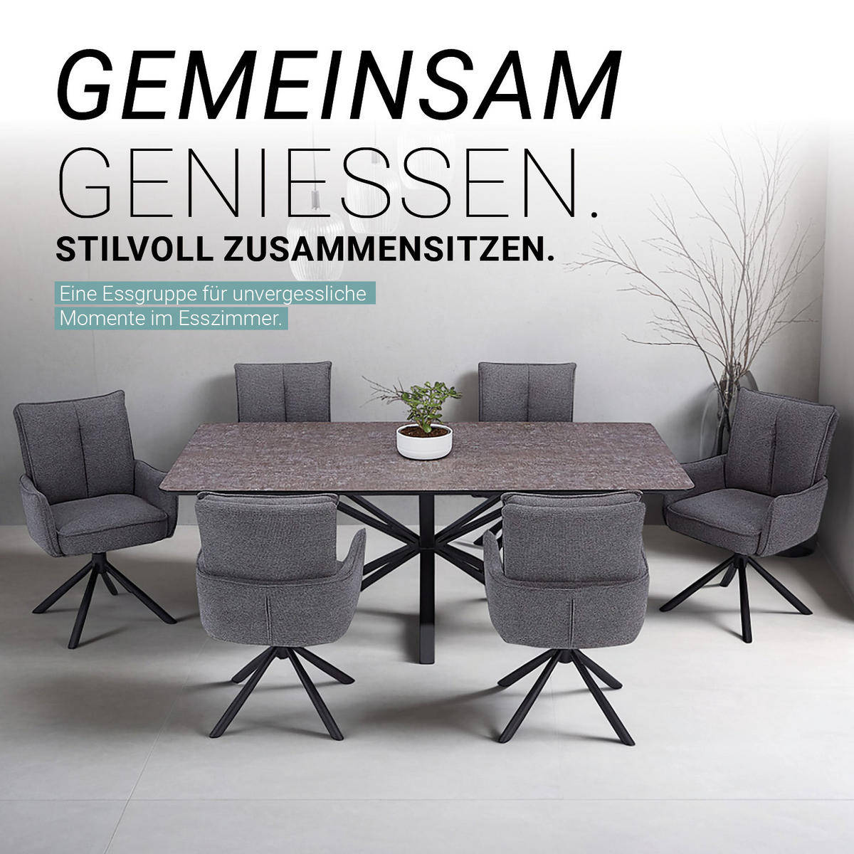 TISCHGRUPPE 200x100 cm braun schwarz mit 6 Stühle Anthrazit - Anthrazit/Braun, Metall (100/94/200cm) - Homestyle4u