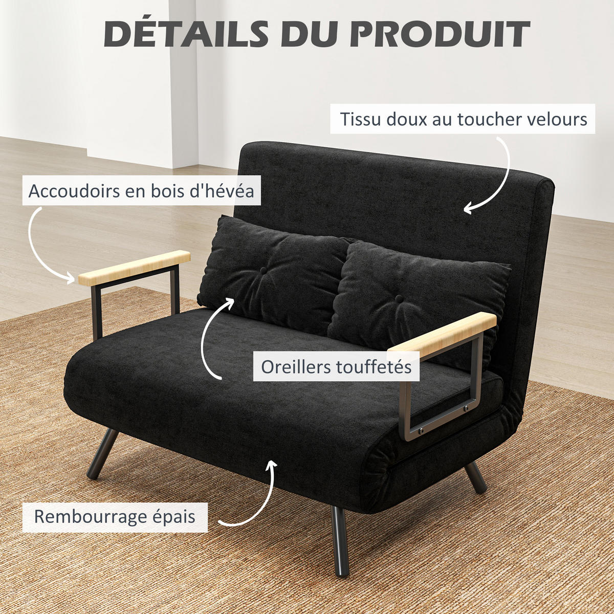 SCHLAFSOFA 2er-Sitz DE-14626 4-in-1 mit 5-fach verstellbarer Rückenlehne Schwarz - Schwarz, Textil (102/81/73cm) - ComfortXL