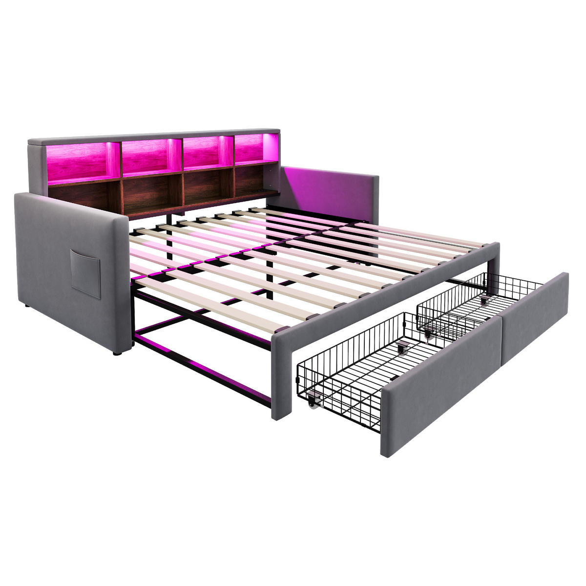AUSZIEHBETT 90/180/190 cm DE-02121, in Dunkelgrau, mit LED, Staufächern und 2 Schubladen - Dunkelgrau, Metall (90/190cm) - ComfortXL