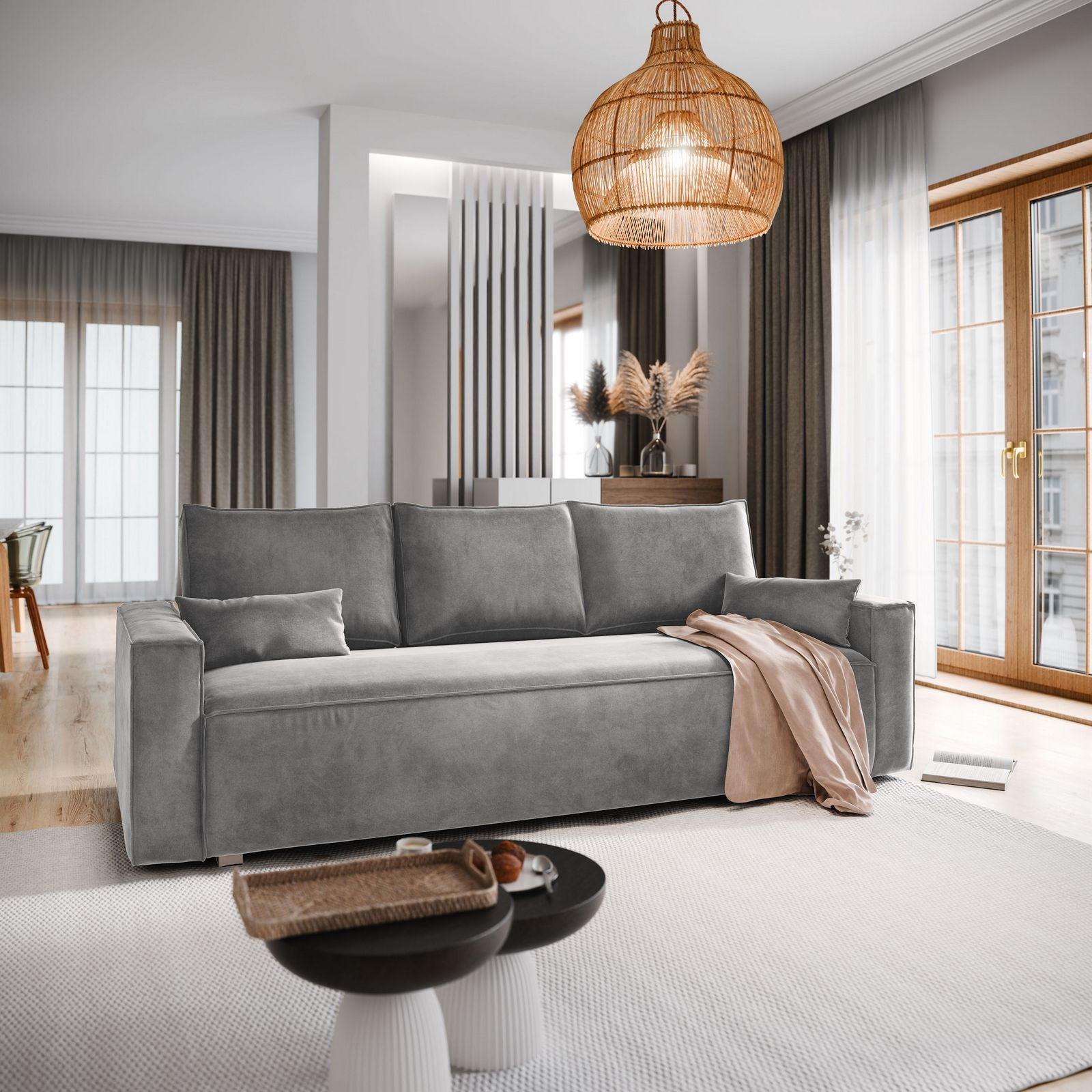 BETTSOFA ALATRI Hellgrau Velours-Stoff mit Schlaffunktion - Hellgrau, Textil (230/85/87cm) - MASSENO