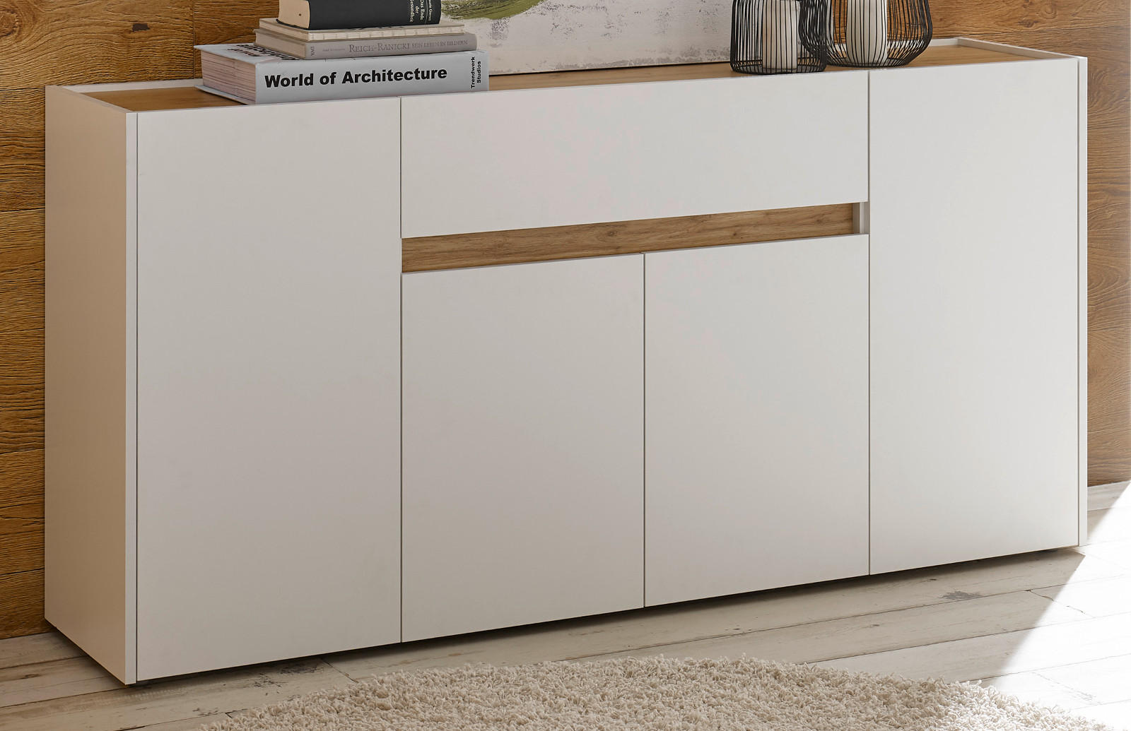 SIDEBOARD weiß, Eiche Wotan 170 cm, Kommode 4-türig - Eiche Wotan/Schwarz, Holz/Holzwerkstoff (170/87/40cm) - Furn.Design