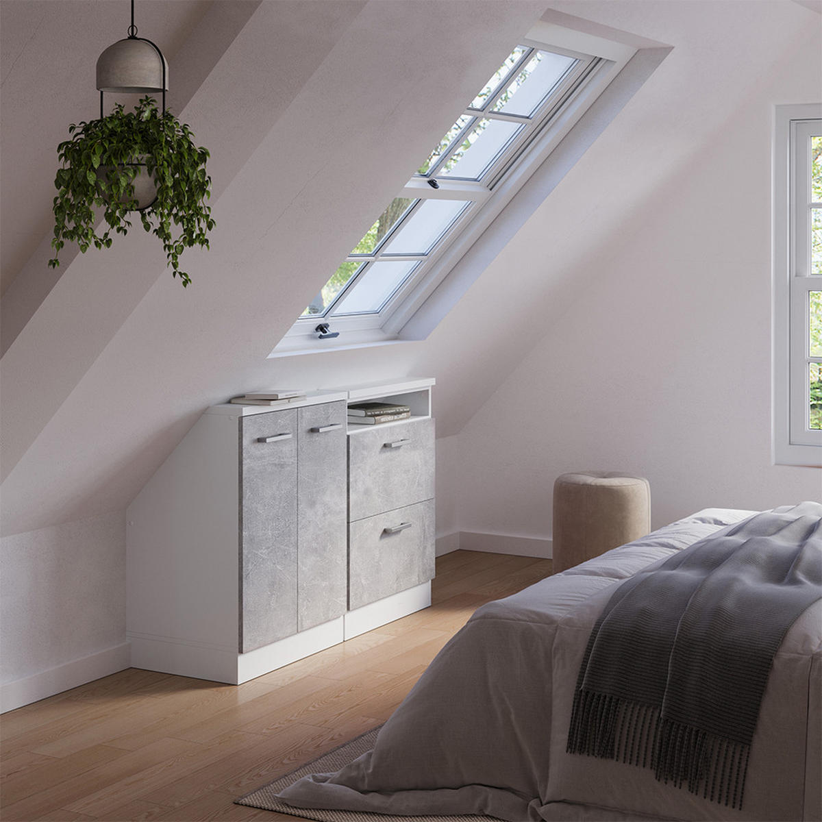 KUCHYŇSKÁ SKŘÍŇKA POD ŠIKMOU STŘECHU R-Line Beton/bílá - bílá/šedá, kompozitní dřevo (120/81.6/46cm) - Vicco