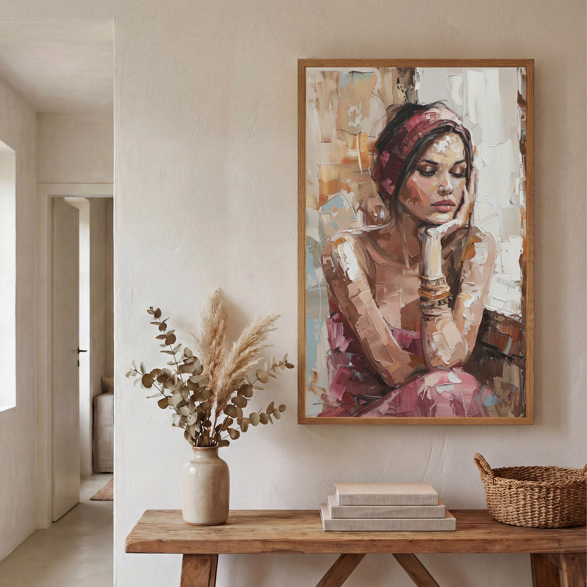 NÁSTĚNNÁ LAMPA S AKUMULÁTOREM Žena - vzhled malby - portrét - moderní 60x90 cm - hnědá, kompozitní dřevo (60/90/8cm) - OnlyWow