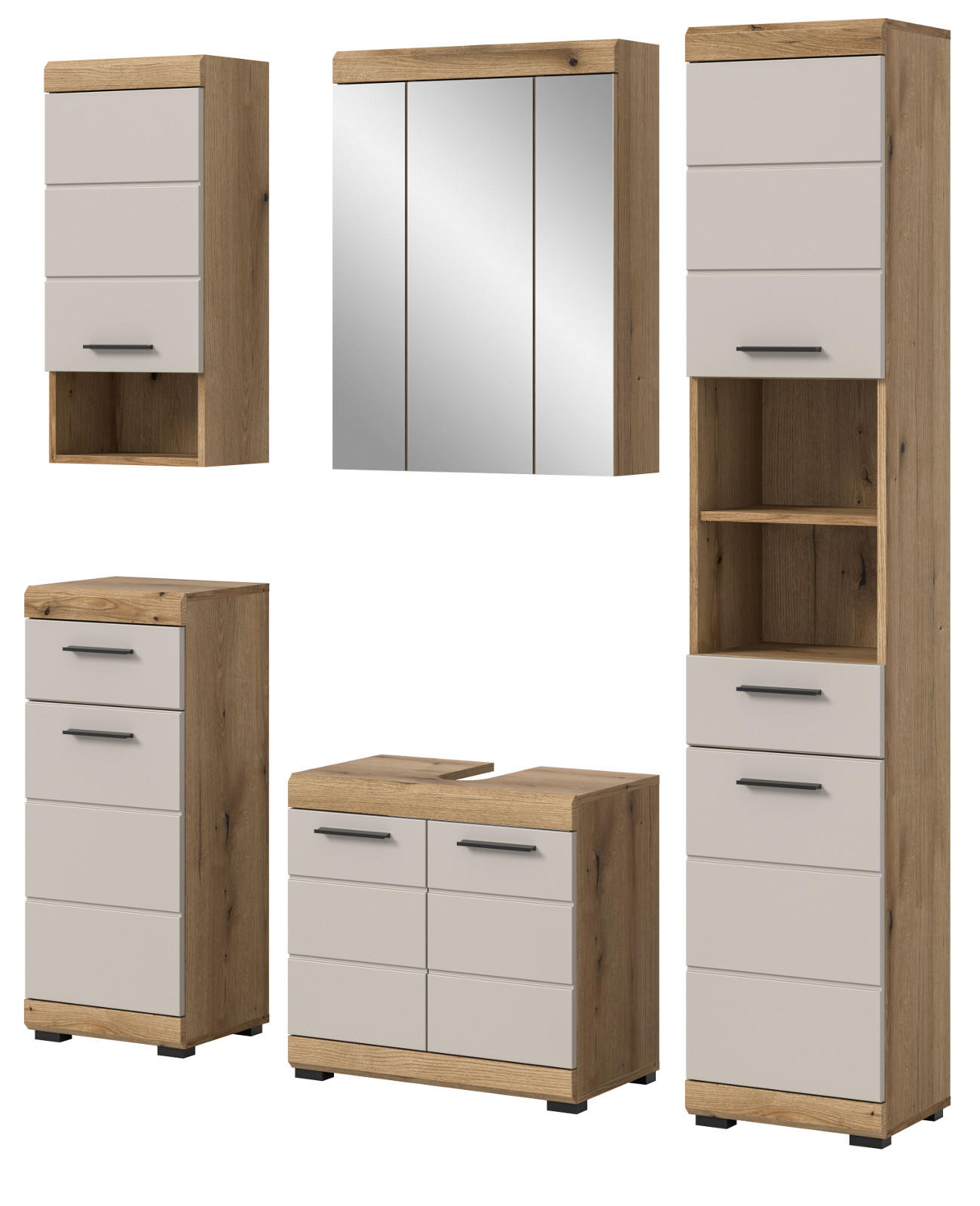 BADMÖBEL-SET Sand Kashmir, Evoke Eiche, Badkombination 164 cm 5-teilig - Kaschmir/Eichefarben, Glas/Holzwerkstoff (164/191/34cm) - Inn.Furn