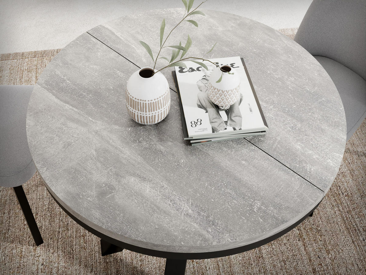 ESSTISCH Clara runder ausziehbarer, Grauer Beton 120-200/120/76 cm - Hellgrau/Schwarz, Holzwerkstoff/Metall (120/120/76cm) - WFL GROUP